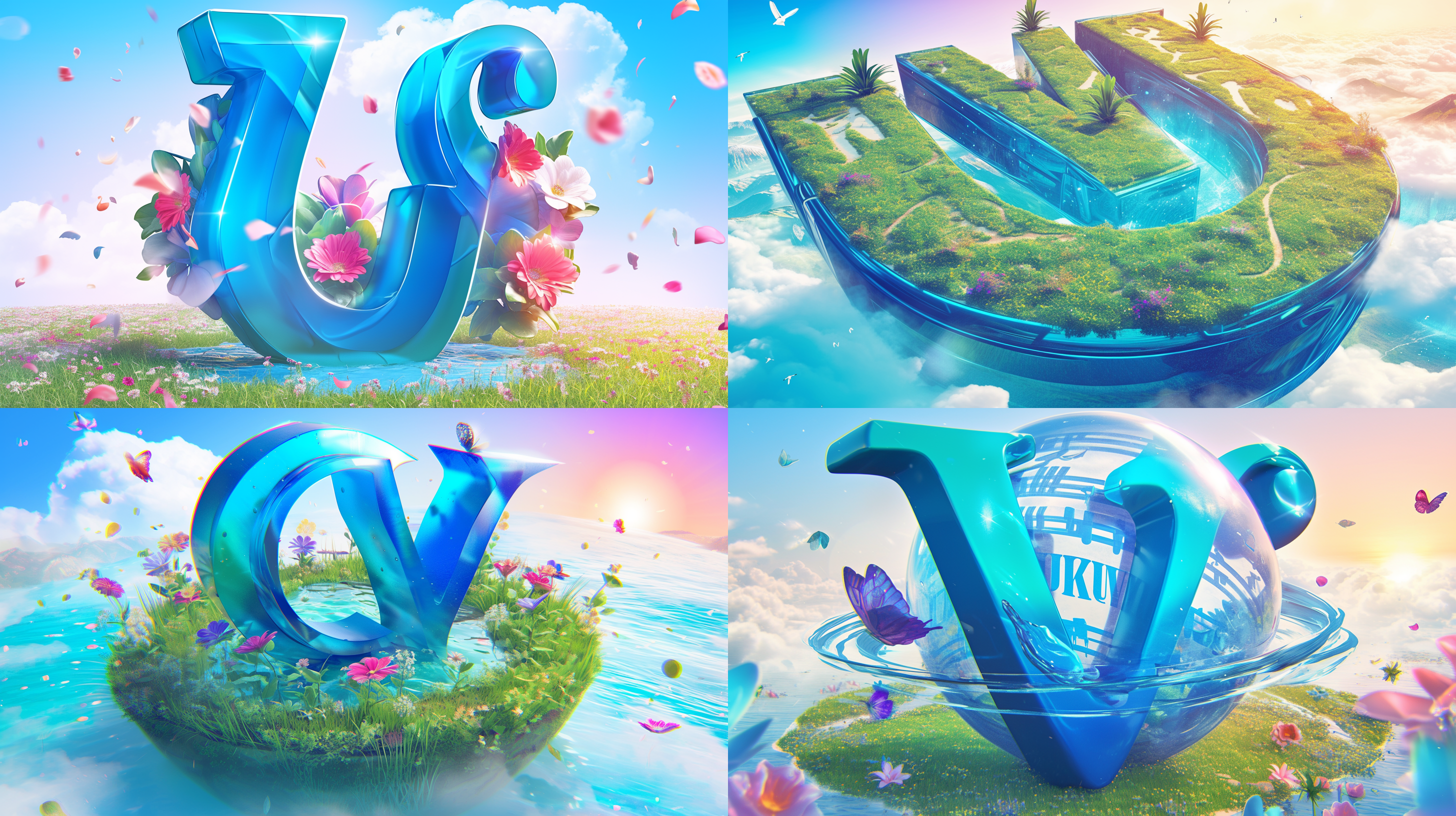 3d文字“v”，可爱的大数字，圆形，少女色，蓝天白云的梦幻背景，地上绿草如茵，一条河流流过，五颜六色的花朵四通八达，呈现出卡通风格，色彩明亮，可爱的风格，柔和的灯光，欢快的氛围，玻璃材质，近距离拍摄，8k