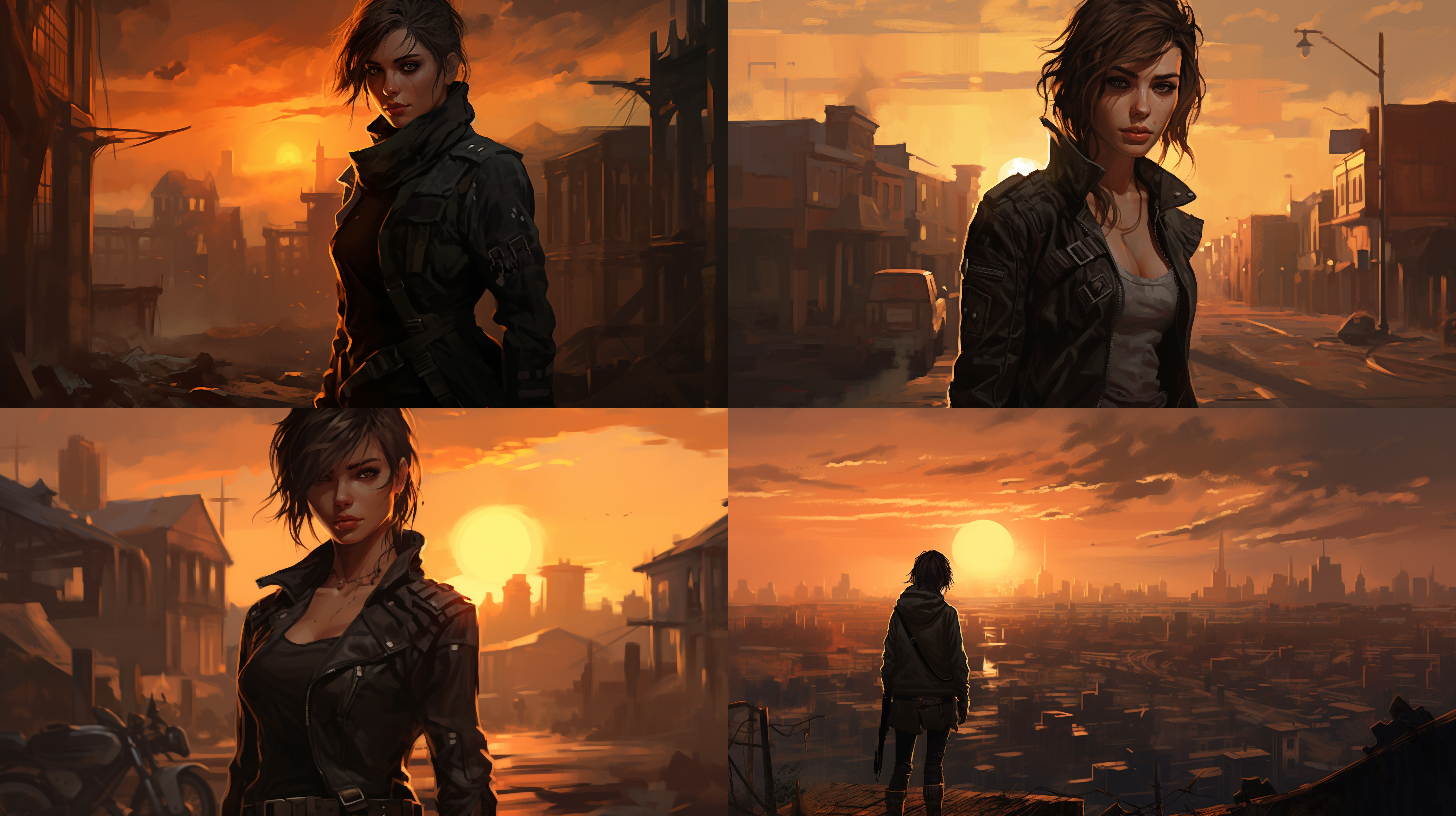 满目疮痍的城市街道，楼房倒塌，路面凹陷，夕阳西下，一个穿着紧身皮衣，短发女孩，手持冲锋枪，站在街道上