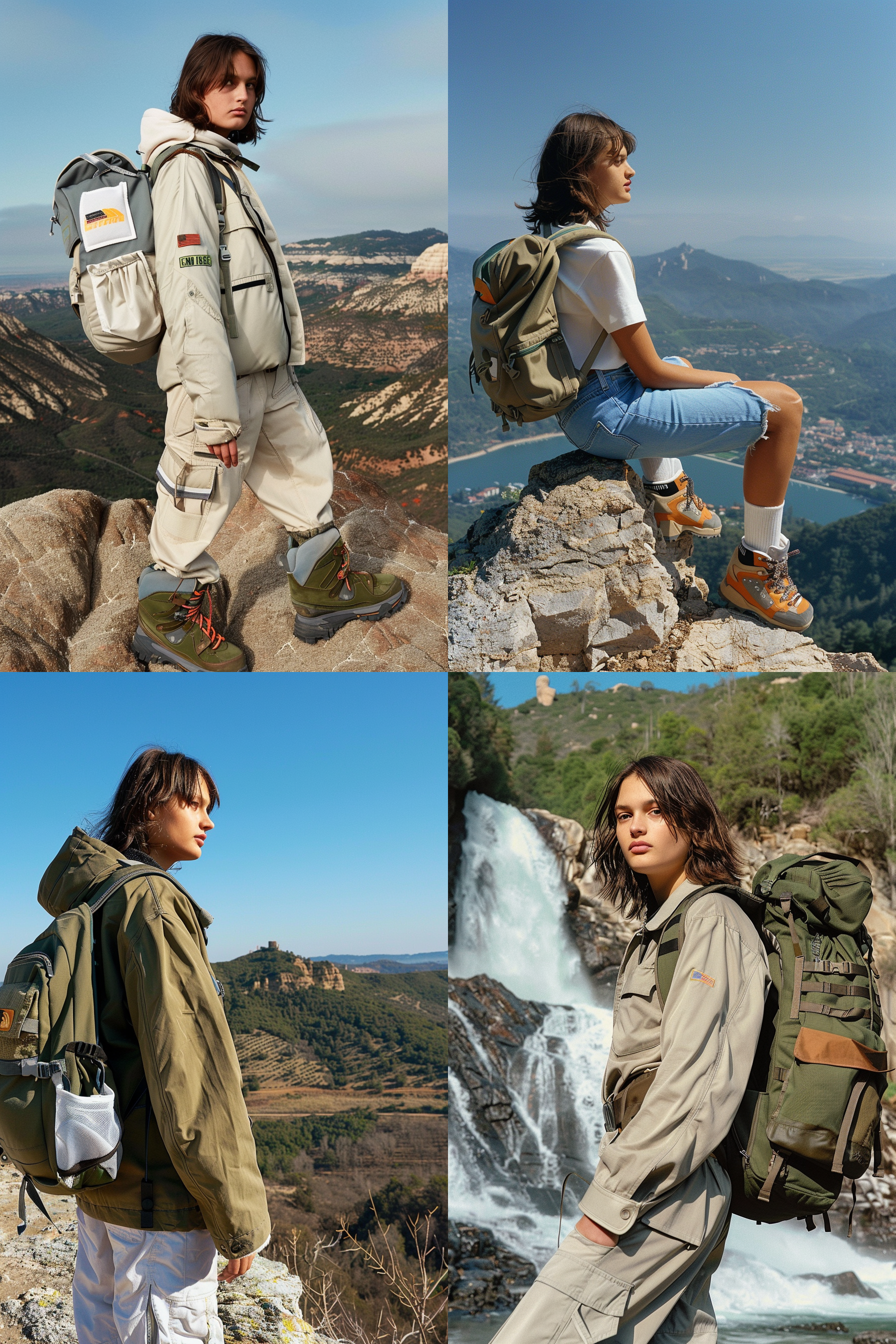 女孩模特侧面，姿势夸张，户外环境，远处眺望，登山服饰，背包，登山鞋，高角度视角，自然光，动态，活力，蓝色调。