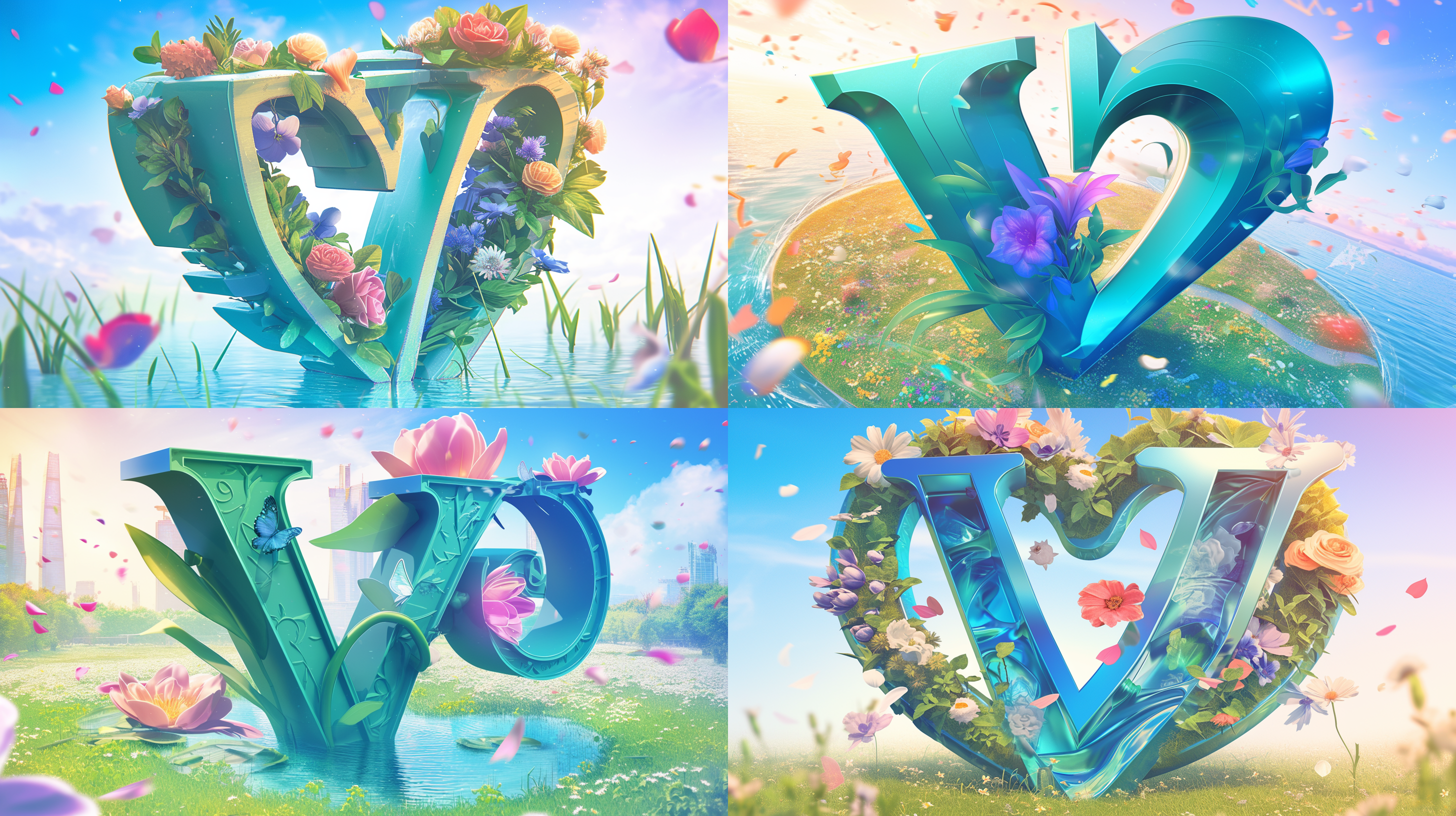 文字“v”，可爱的大数字，圆形，少女色，白色背景，地上绿草如茵，一条河流流过，五颜六色的花朵四通八达，呈现出卡通风格，色彩明亮，可爱的风格，柔和的灯光，欢快的氛围，玻璃材质，近距离拍摄，8k