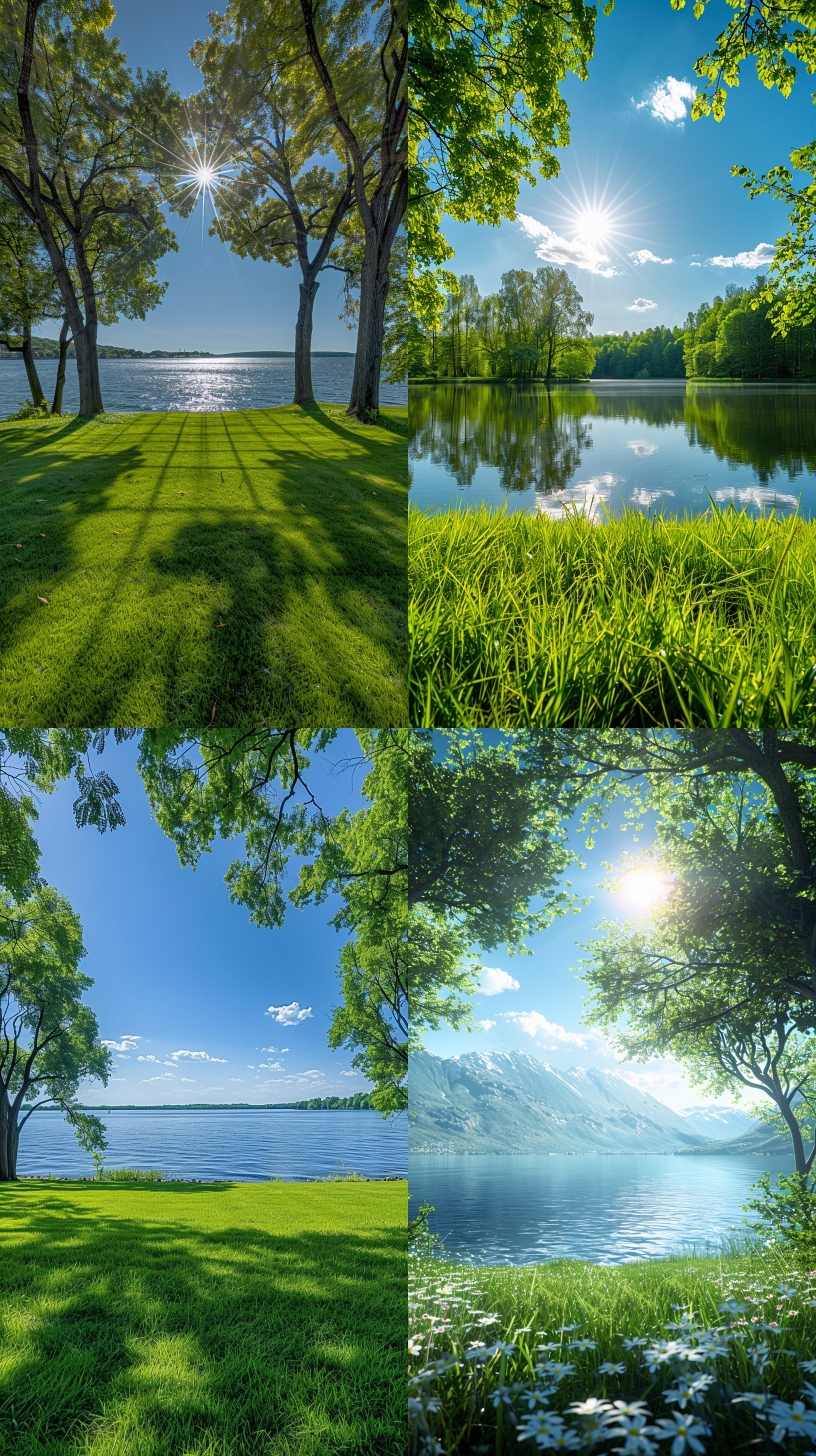 湖畔草地，远处树林，高清摄影，广角镜头，明亮阳光，自然风光，平静安详，绿色和蓝色，宁静和放松。