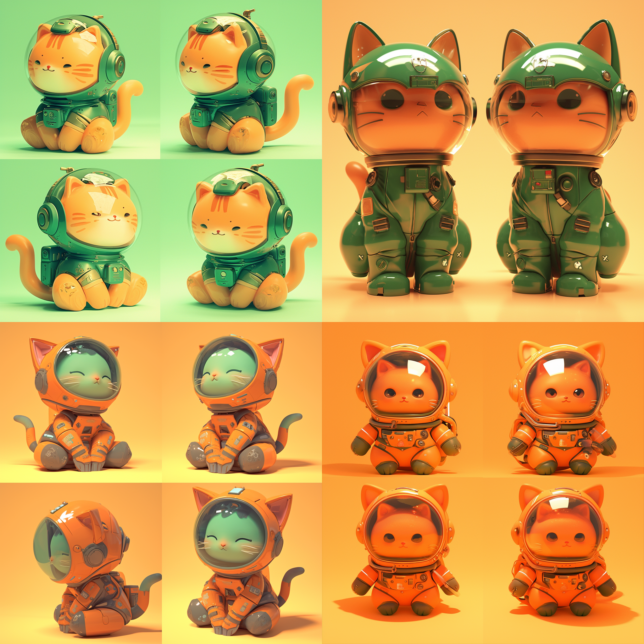 卡通绿橙猫，宇航员玻璃帽子，萌萌哒，三个视图，全身，科技感，pop mart，ip盲盒，皮克斯，粘土材料，柔和颜色，工作室灯光，octanerender，3d，c4d，超品质ultra hd8k，前视图，左视图，右视图，蹲下，干净背景，16:9比例，niji 5。