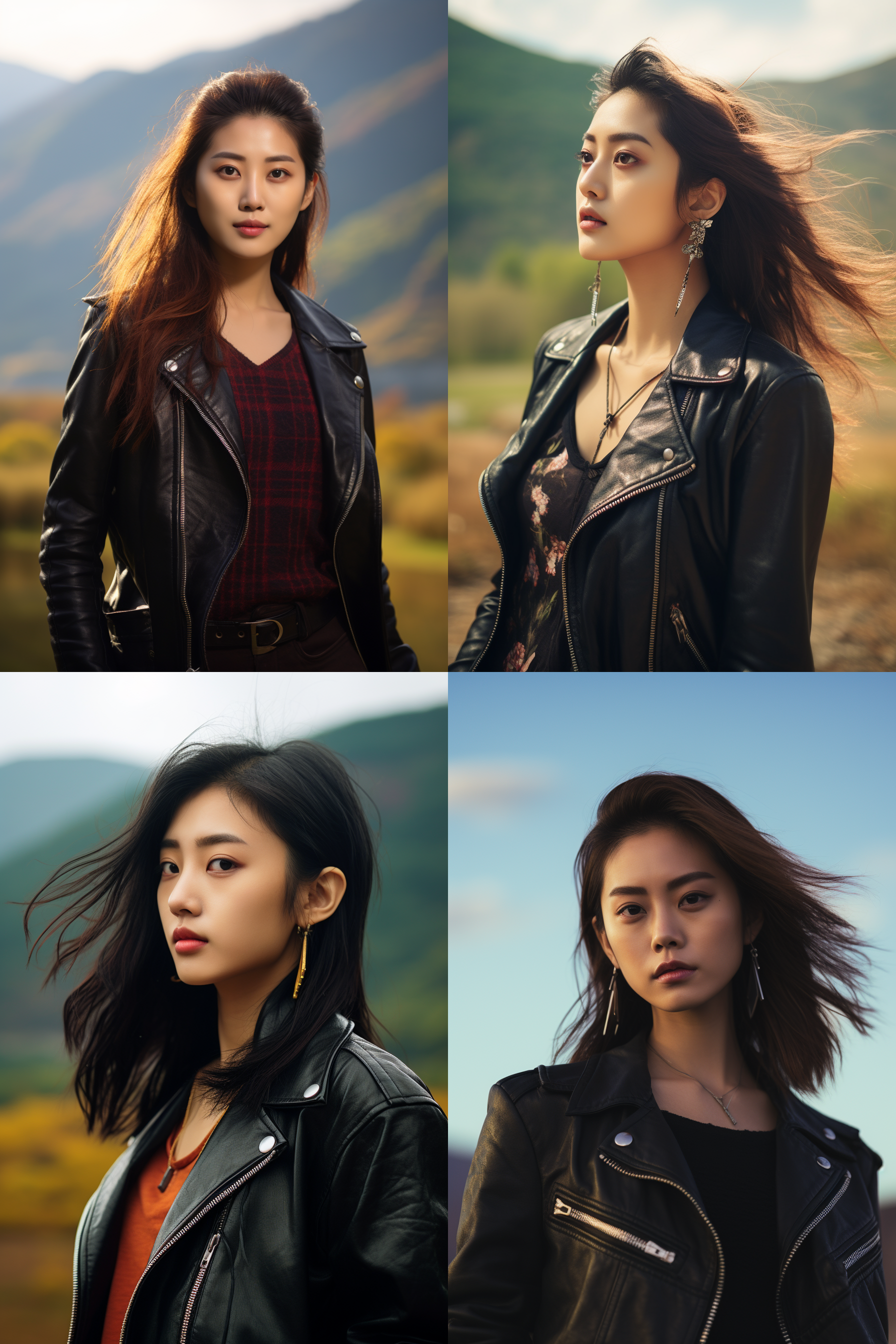 中国戴戴耳钉女孩，穿皮衣，明亮光线，摄影图 清新自然，户外风景，肖像模式，中焦镜头，自然姿态，色彩鲜艳，快门优先，放松自然