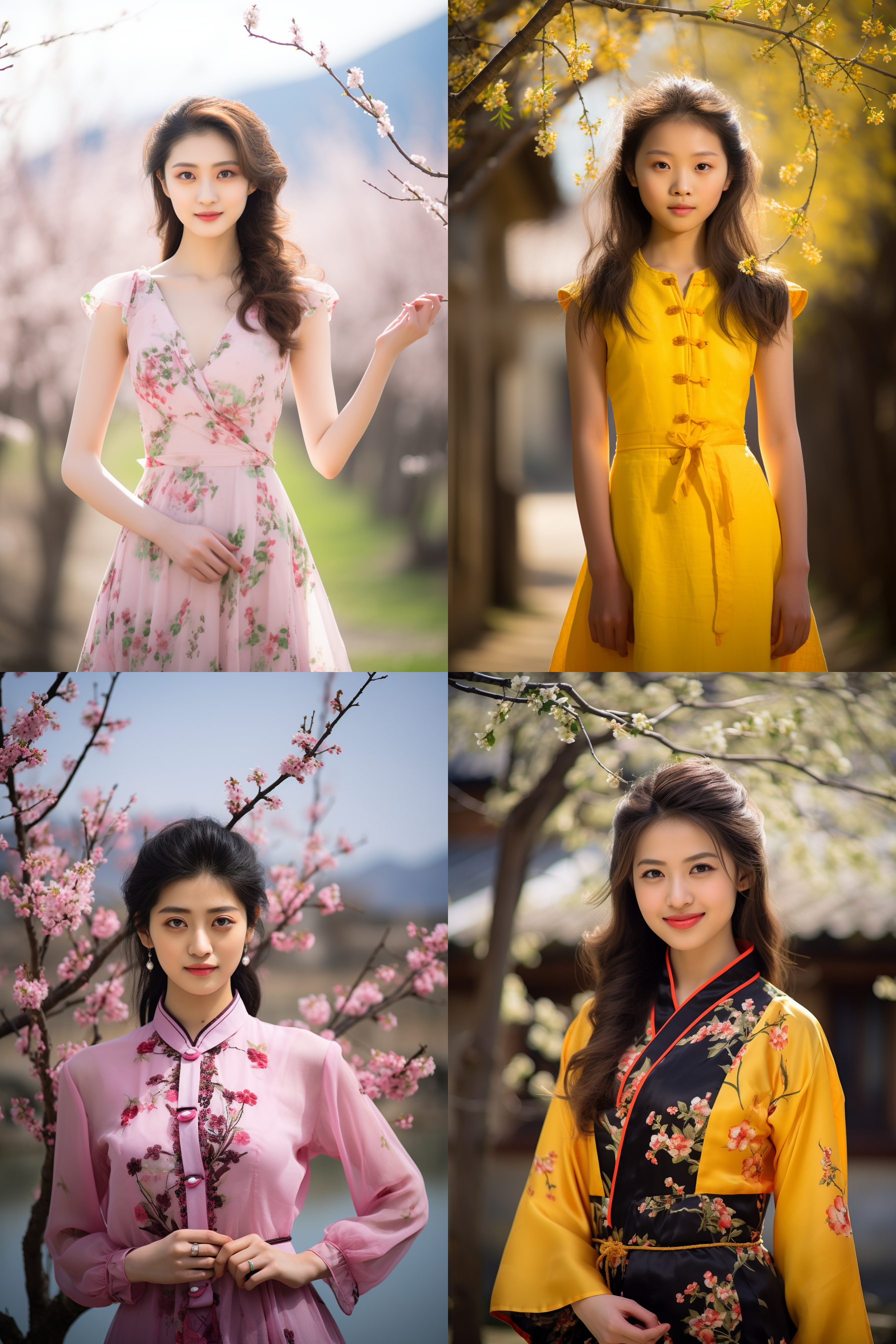 中国女孩，套裙服饰，春日摄影，明亮光线， 清新自然，户外风景，肖像模式，中焦镜头，自然姿态，