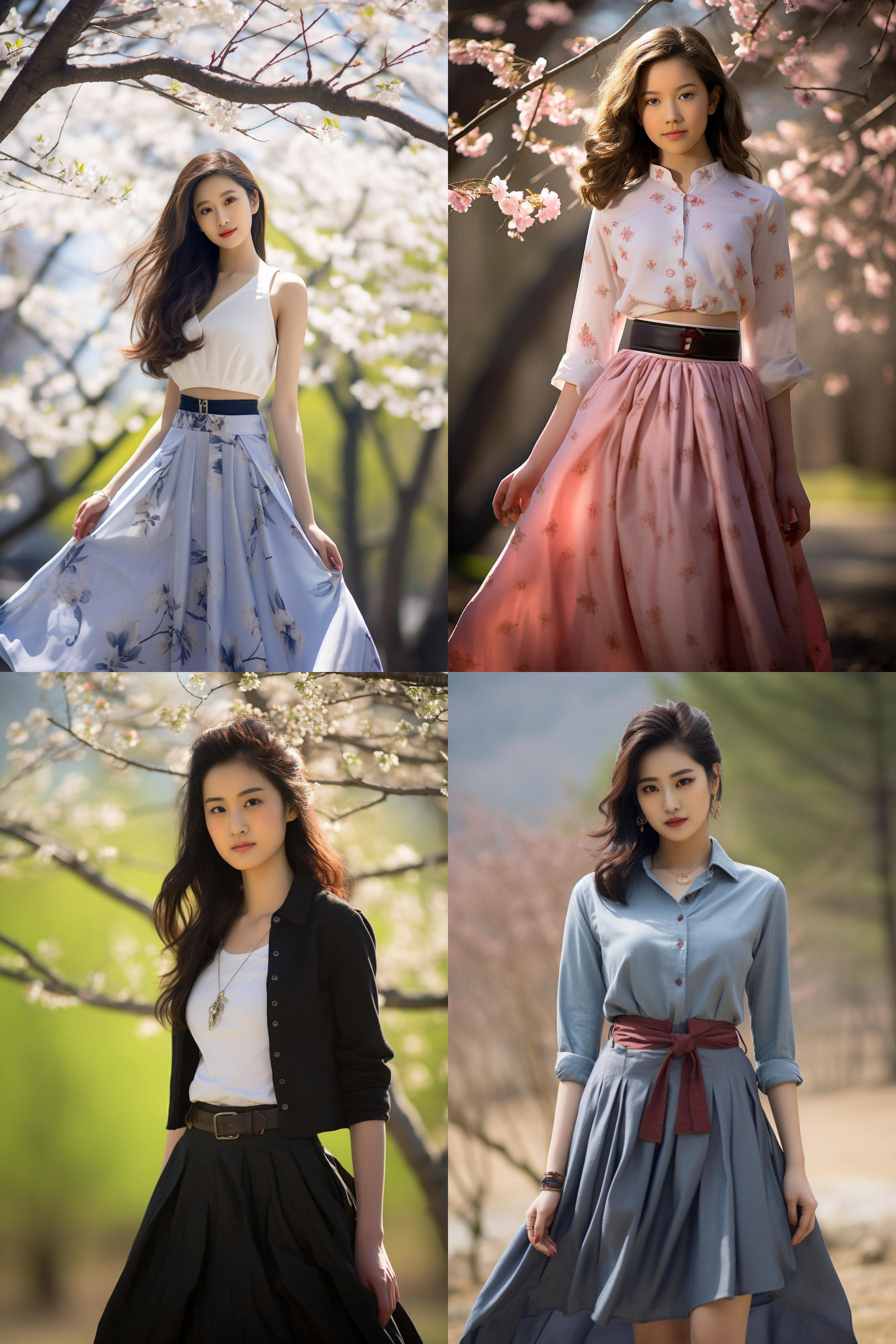 中国女孩，套裙服饰，春日摄影，明亮光线， 清新自然，户外风景，肖像模式，中焦镜头，自然姿态，
