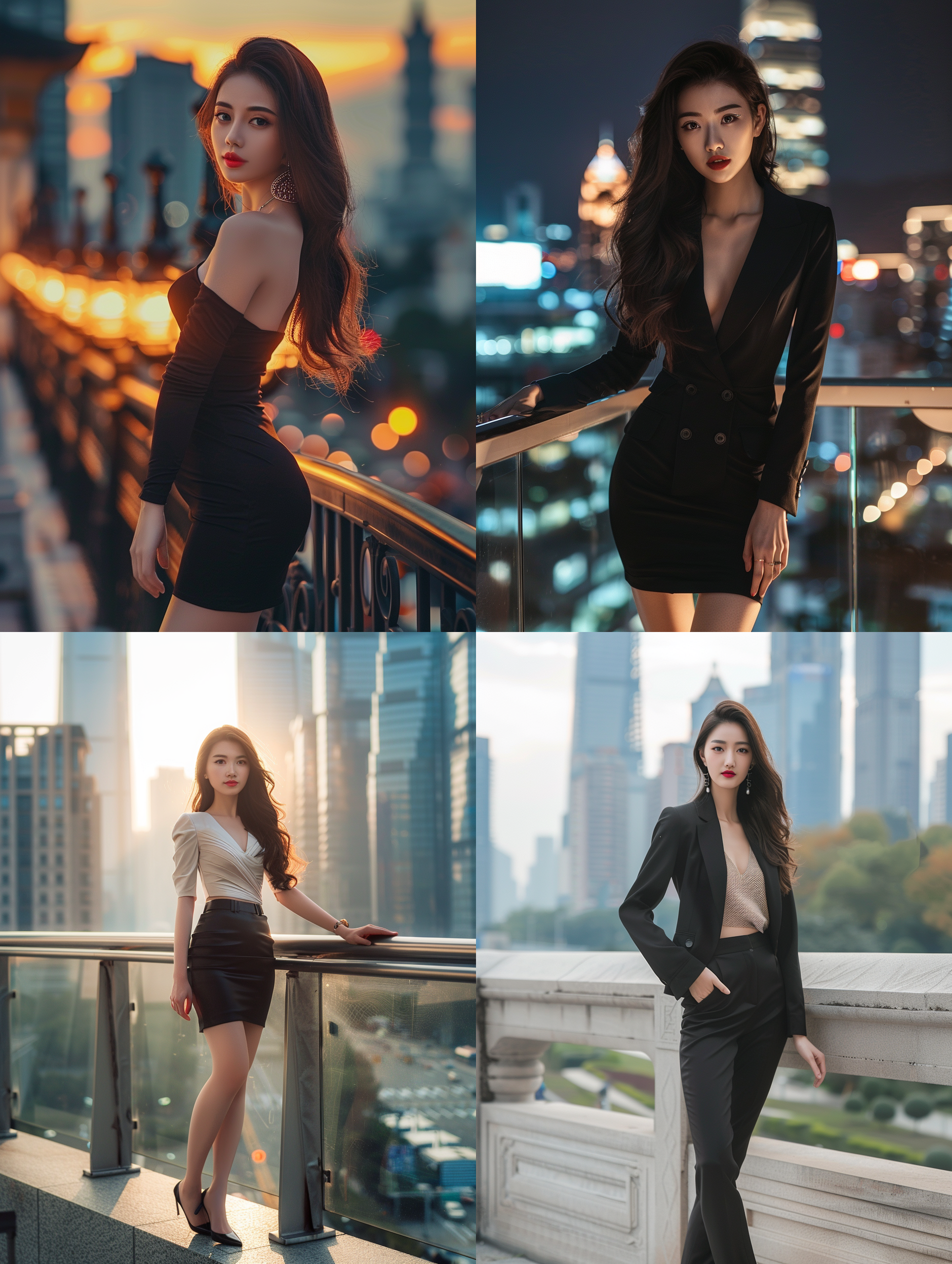 中国美女，长腿，细腰，高挑，曲线，修长，优雅，迷人，时尚，自信，高跟鞋，红唇，柔顺头发，明亮眼睛，细臂，纤手，修长腿部，柔美肌肤，光滑肌肤，迷人笑容，时尚服装，闪亮珠宝，自信姿态 , 模特风格，城市天际线，逆光，抓拍，大光圈，动感，色彩饱和，自然表情，时尚摄影样式。