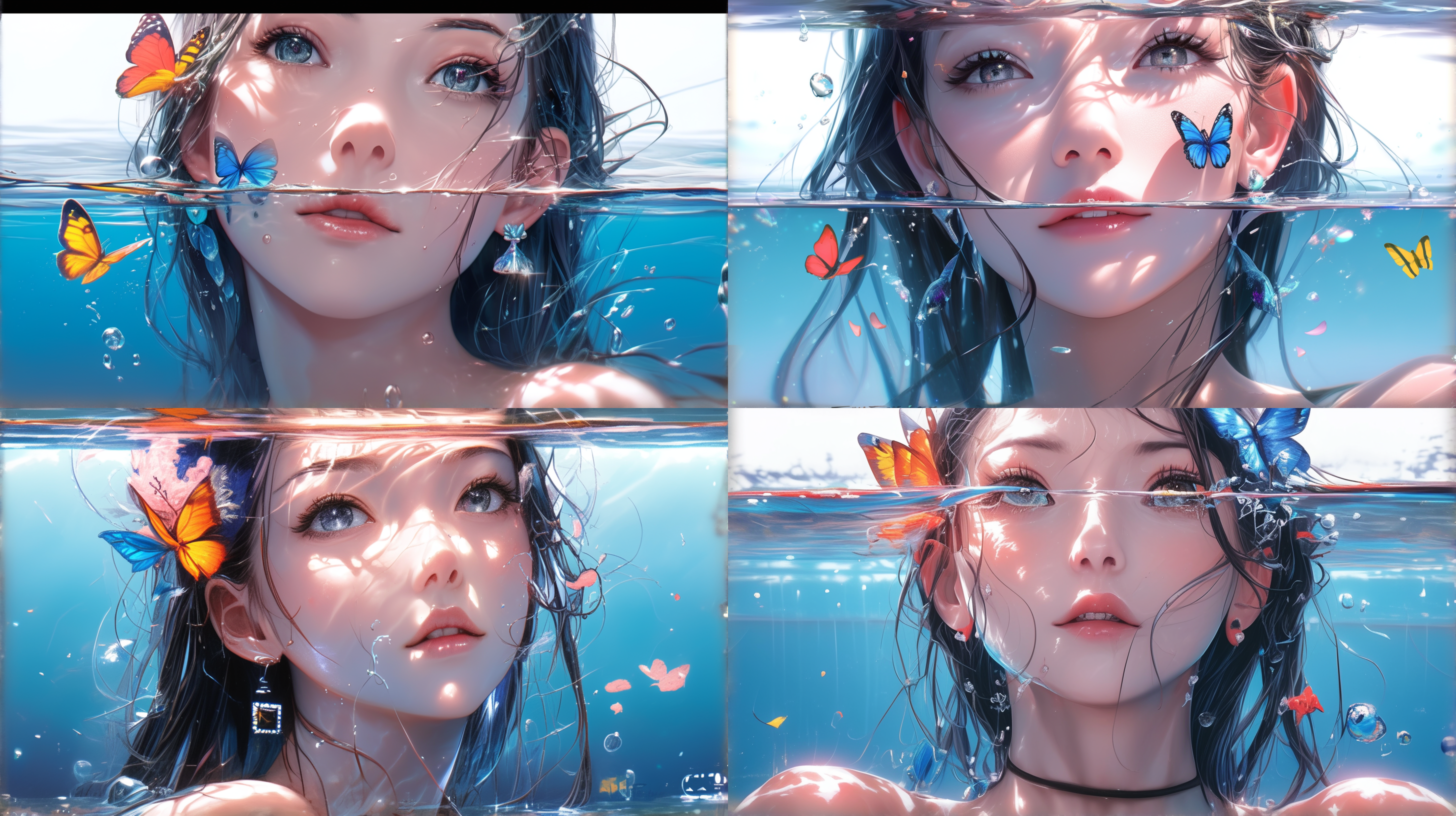 disney style,a girl in the water, with big eyes wide open, looked into the distance. she was wearing a butterfly decorated headband, and the water surface was above her shoulders. water shone on her head and shoulders,ultra hd,8k