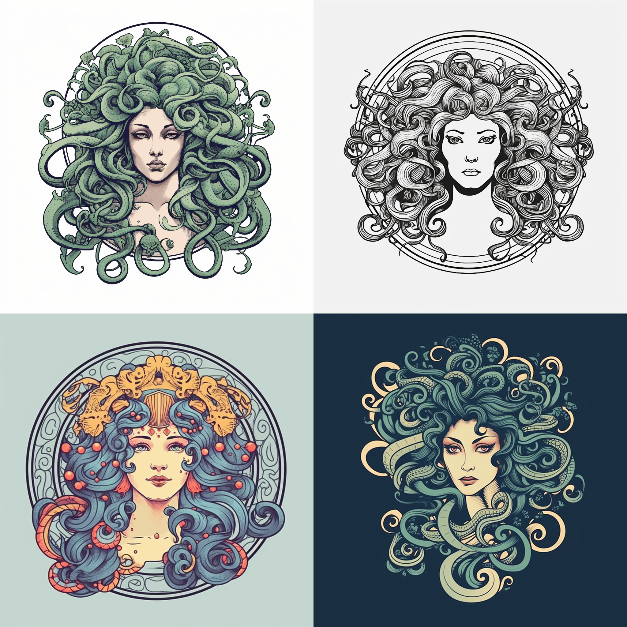 美杜莎，细节华丽，平面矢量勾线图，新艺术风格，扁平图，logo