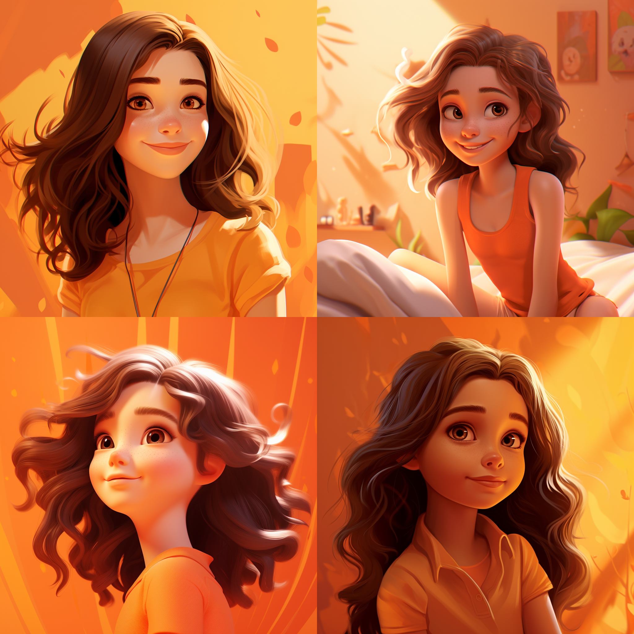 阳光恬静女孩，3d卡通，背景纯橙色，柔和光线，温暖色调，静态站立，清澈眼神，简洁服装，微笑。