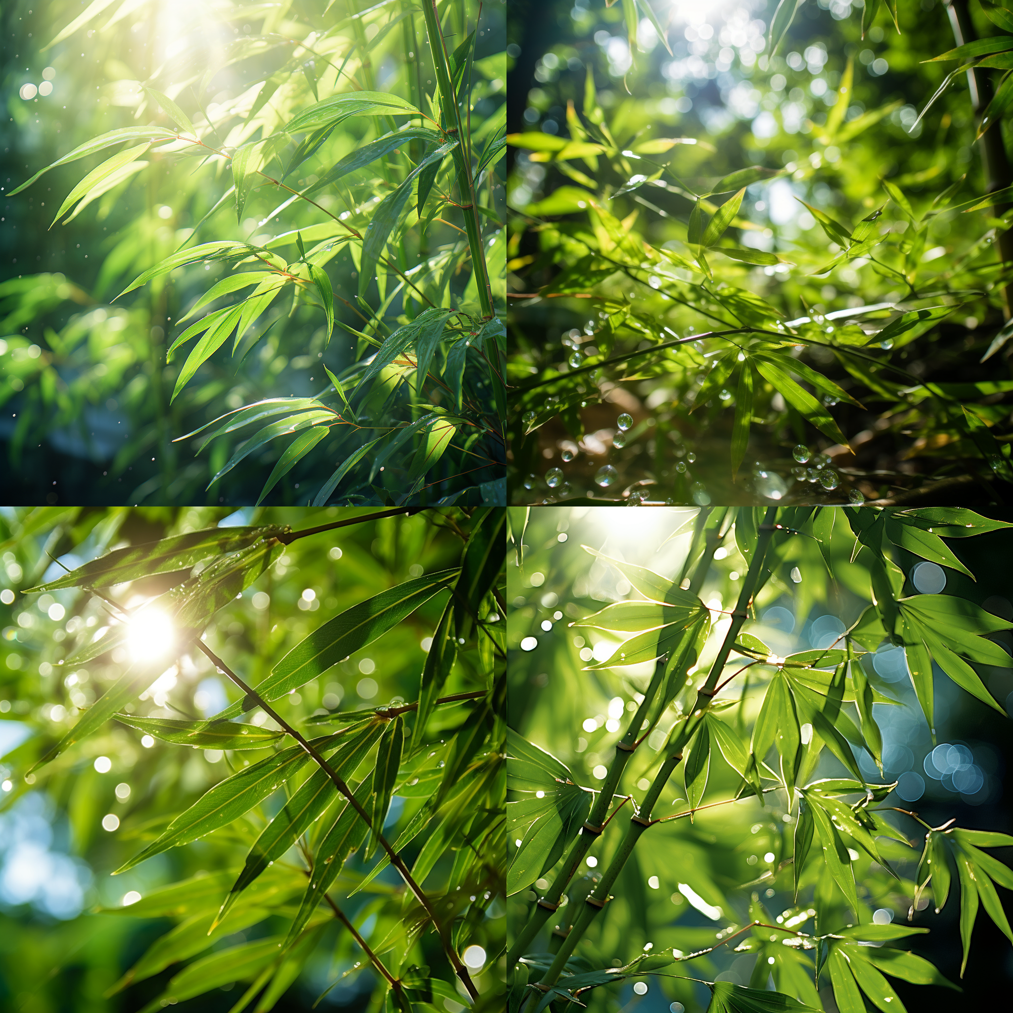 阳光洒落，绿色竹叶环绕，清新自然，充满活力，逆光构图，远摄镜头，明亮色彩，静态，和谐。