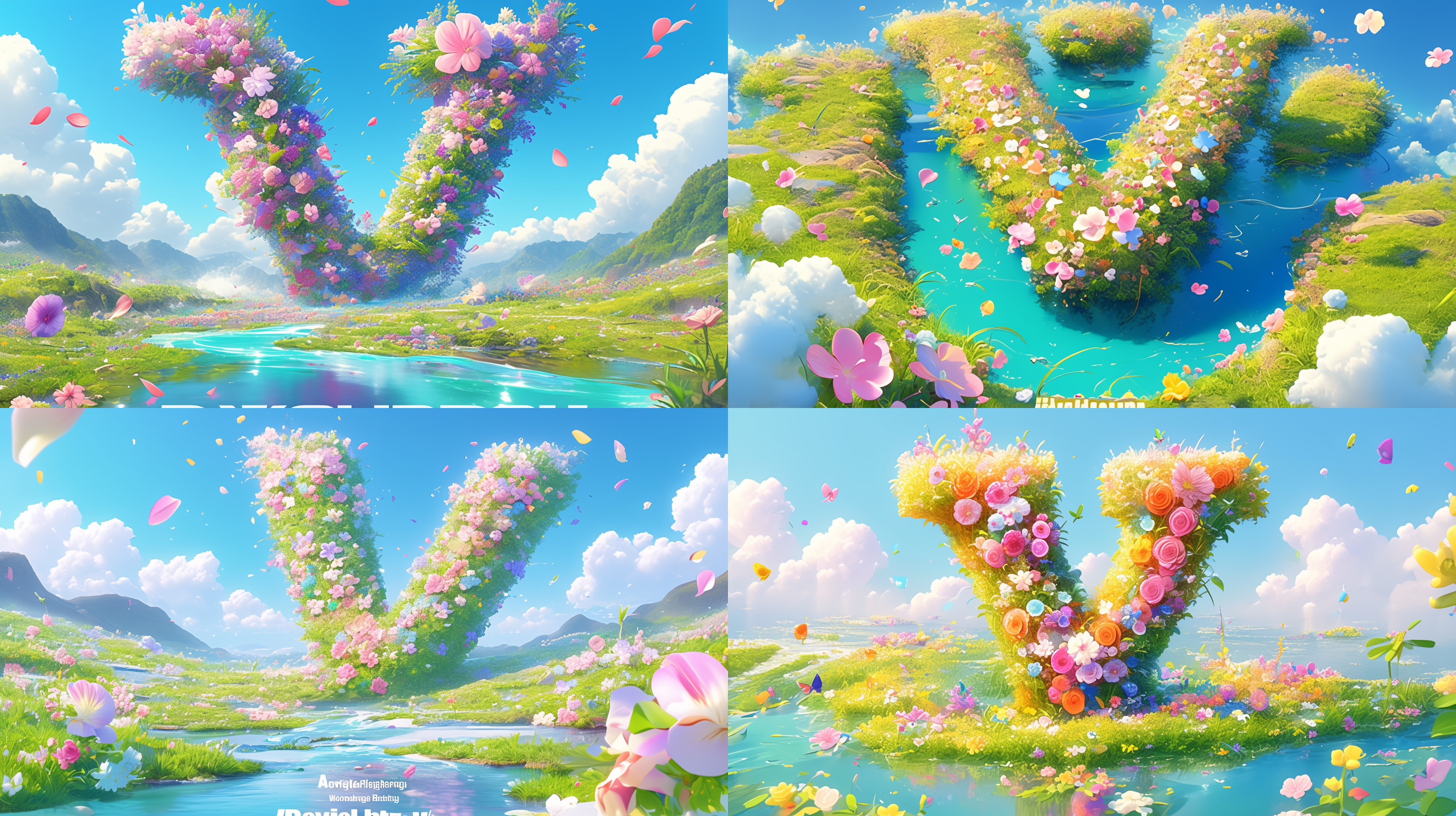 文字“v”，可爱的大数字，圆形，少女色，白色背景，地上绿草如茵，一条河流流过，五颜六色的花朵四通八达，呈现出科技风格，色彩明亮，可爱的风格，柔和的灯光，欢快的氛围，玻璃材质，近距离拍摄，8k