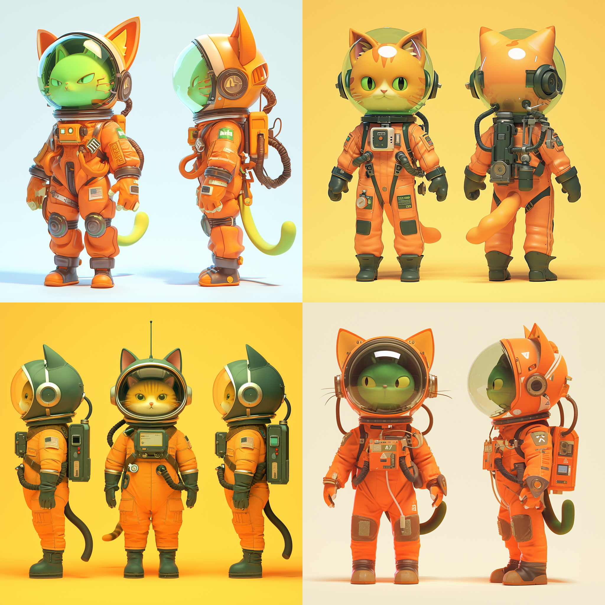 绿橙猫宇航员戴着玻璃帽子，站在干净的背景前，生成三个视图：前视图、左视图和后视图。全身可见，卡通ip风格，科技感十足。配色柔和，背景为工作室灯光octane render渲染的纯净背景。采用3d建模软件c4d制作，使用超高品质ultra hd 8k分辨率，宛如皮克斯动画般精美。