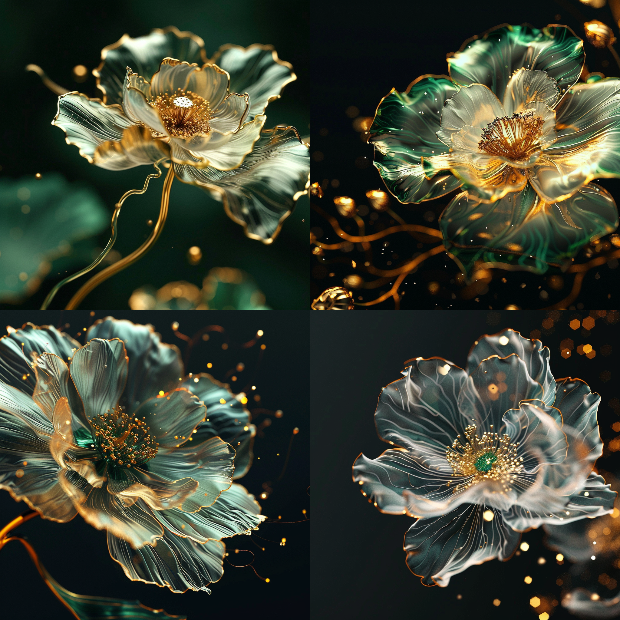 一朵散发琉璃光线的花儿，透明的花瓣，唯美，梦幻，细节清晰，高质量，8k
