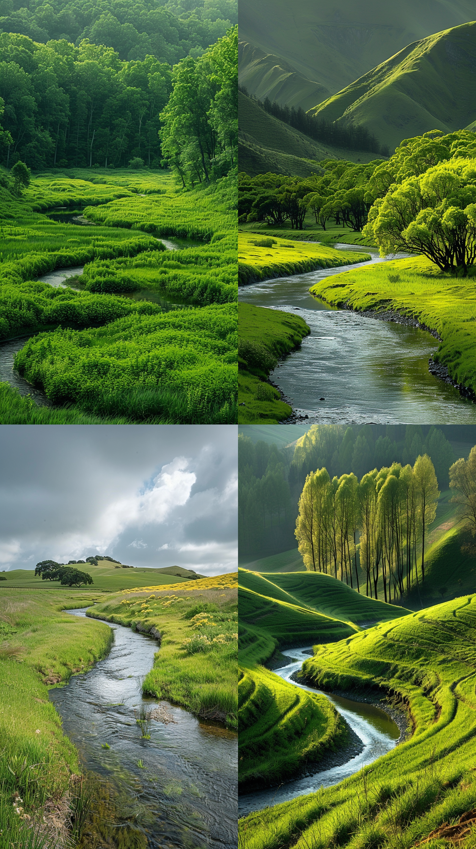 小河，草地，山丘，远处有树林，高清摄影 自然风光，对角线布局，远景，高清晰度，绿色调，远景镜头，自然光，静态，宁静。