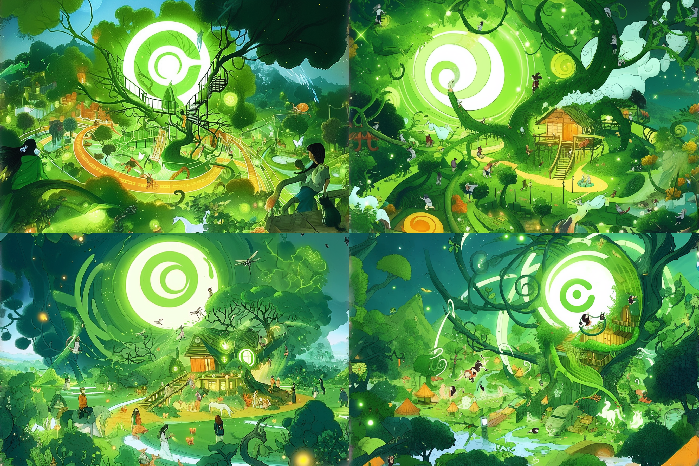夜晚的魔幻发光森林，一座神秘的树屋被绿色的荧光环绕着。这是一座萤火虫的家园，人类到萤火虫家园里探秘，树屋上方悬挂着一轮明亮的月亮，照亮了整个森林。神秘、奇幻、光影交错、独角兽、荧光、树屋、月亮、森林、花海、夜晚。 奇幻森林 森林 魔法花园 丁达尔效应 低角度 霓虹 奇幻森林 森林 魔法花园 丁达尔效应 低角度 霓虹 绿野仙踪