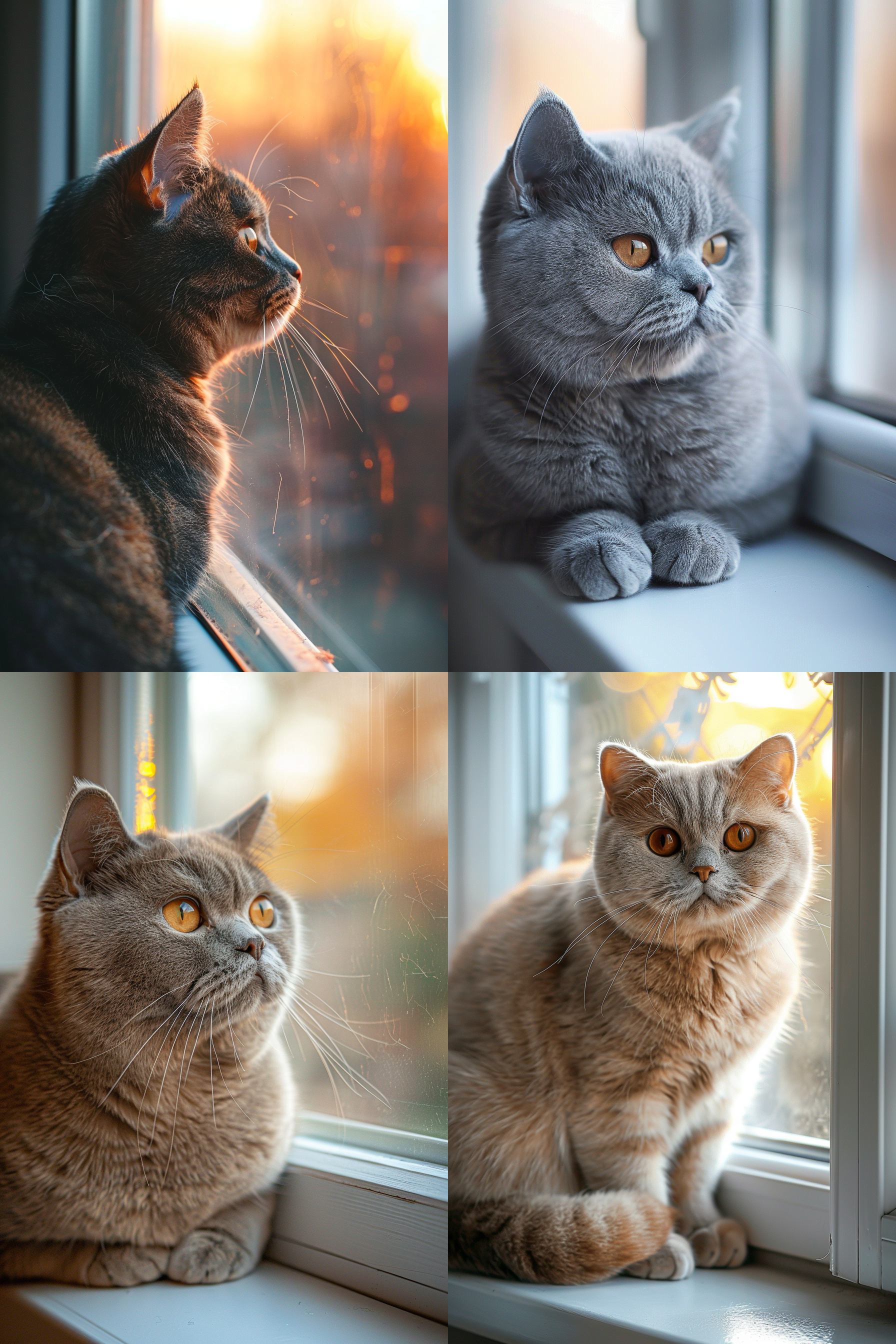 英国短毛猫，端坐在窗台上，逆光，柔和色调，特写镜头，温馨，可爱，毛发细节。 portrait, backlit, soft color tones, close-up shot, cozy, cute, fur details.