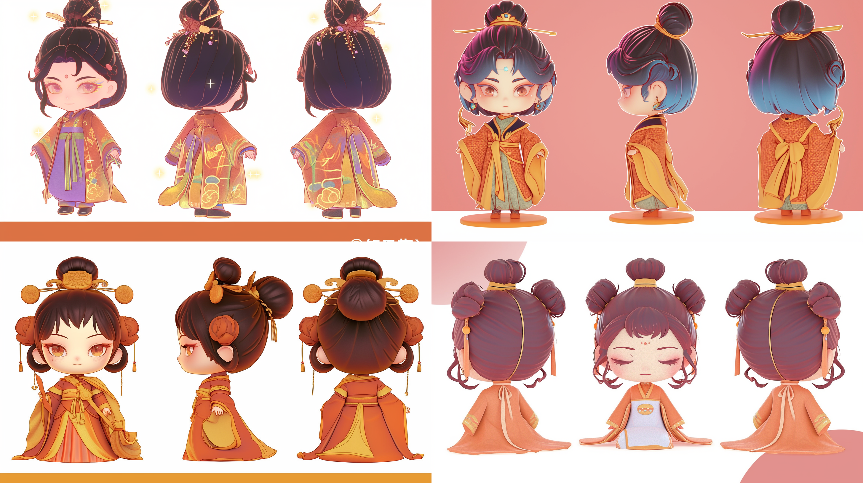 三视图，正视图，侧视图，背视图，q版，三头身，可爱，古风小女孩，花朵，糕点full body, enerate three views, namely the front view the side view abd the back view, super cute girl ip by pop mark, colorful, plastict ransparent, soft lighting, glowing body,mockup, blind box toy,fine luster,clean background, 3d render, oc render, best quality 4k, ultra detailed, crazy details