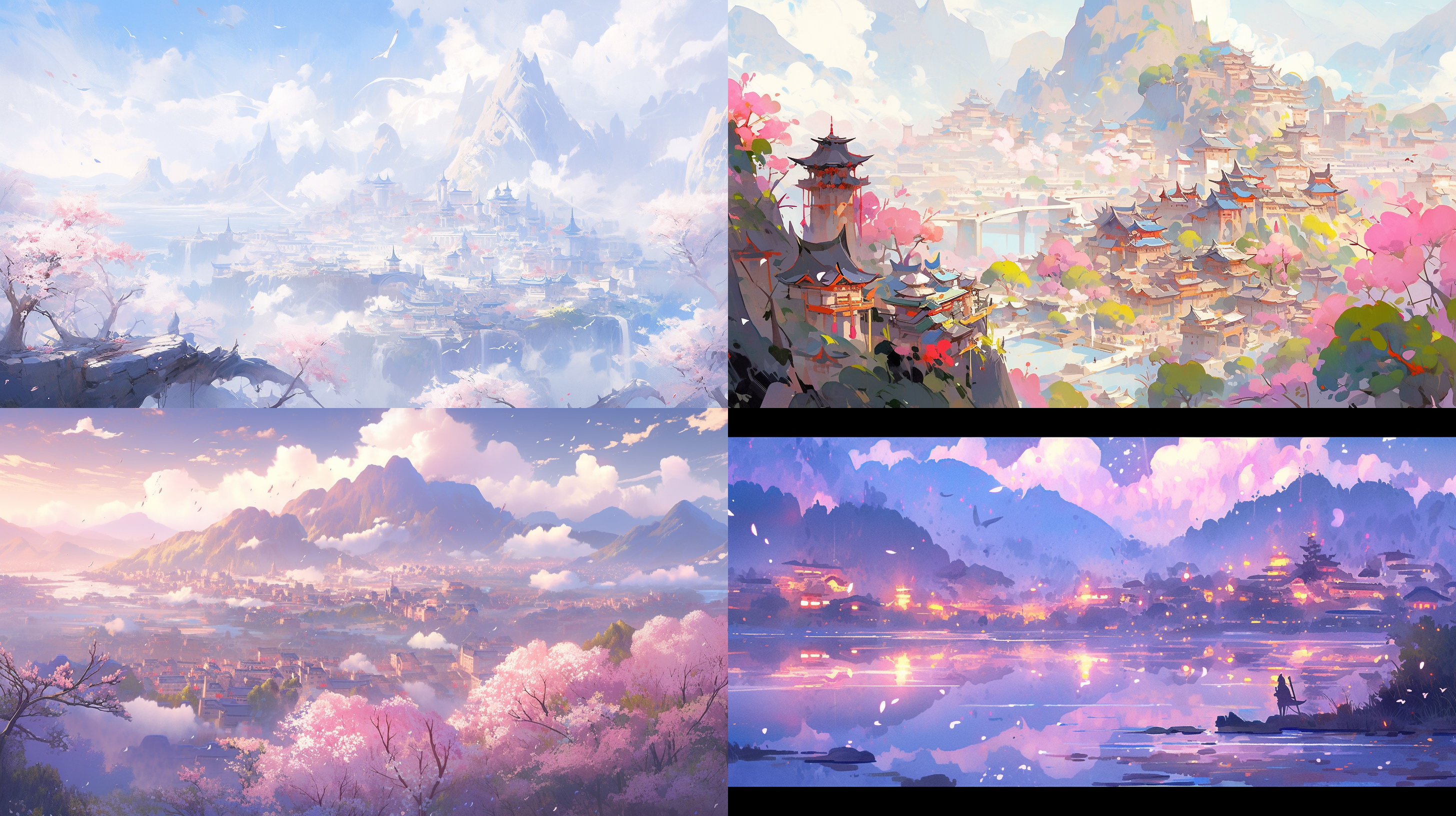 ancient chinese city, bright and majestic, bird's-eye view, intricate details, spectrum, dreamy, dazzling light effects, mirror reflection, falling flowers, lights, delicate texture, wide-angle lens, grand scenery, immortal mountains, fairy trees, and mist
