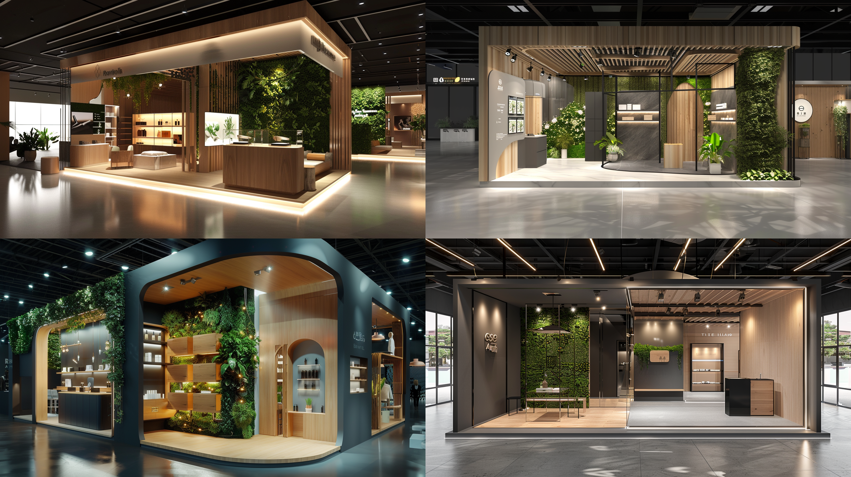 展台效果图，高大上轻奢效果，清爽风格，产品展示，黑白色，木纹装饰，绿植墙，16k超高细节，清新氛围，高清拍摄，广角镜头，明亮照明，展示动作，细节突出，视觉冲击力。