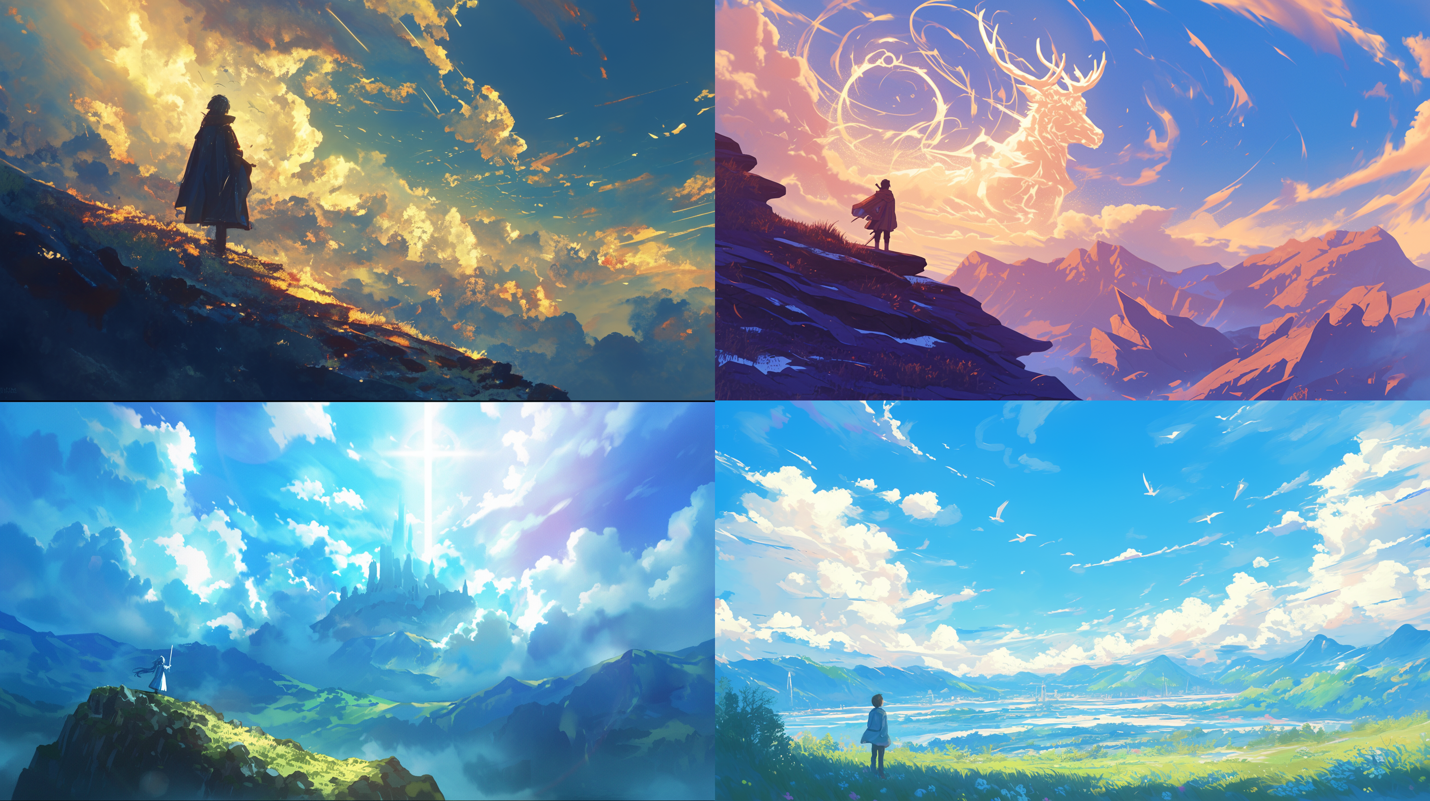 级，大气磅礴，光线斜照，云海缭绕，自然元素，风衣，英勇神情，宏伟壮丽，远景。