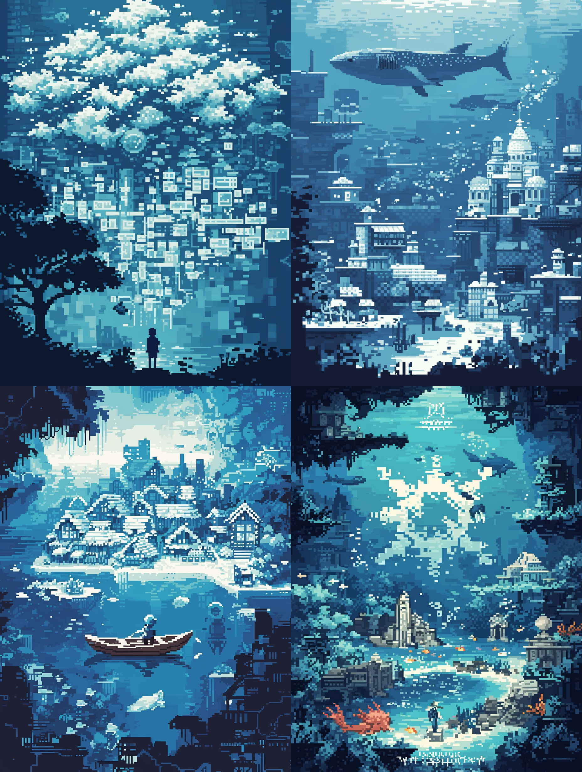 像素风的深海景色，一幅美丽的风景照片。在这个画面中，可以看到逼真的鱼群和华丽的水母漂浮在清澈的海水中。整个场景充满了神秘感和宁静感，色彩鲜艳，细节丰富。使用高质量图拍摄，突出了像素风格的效果，给人一种虚拟与真实交织的感觉。