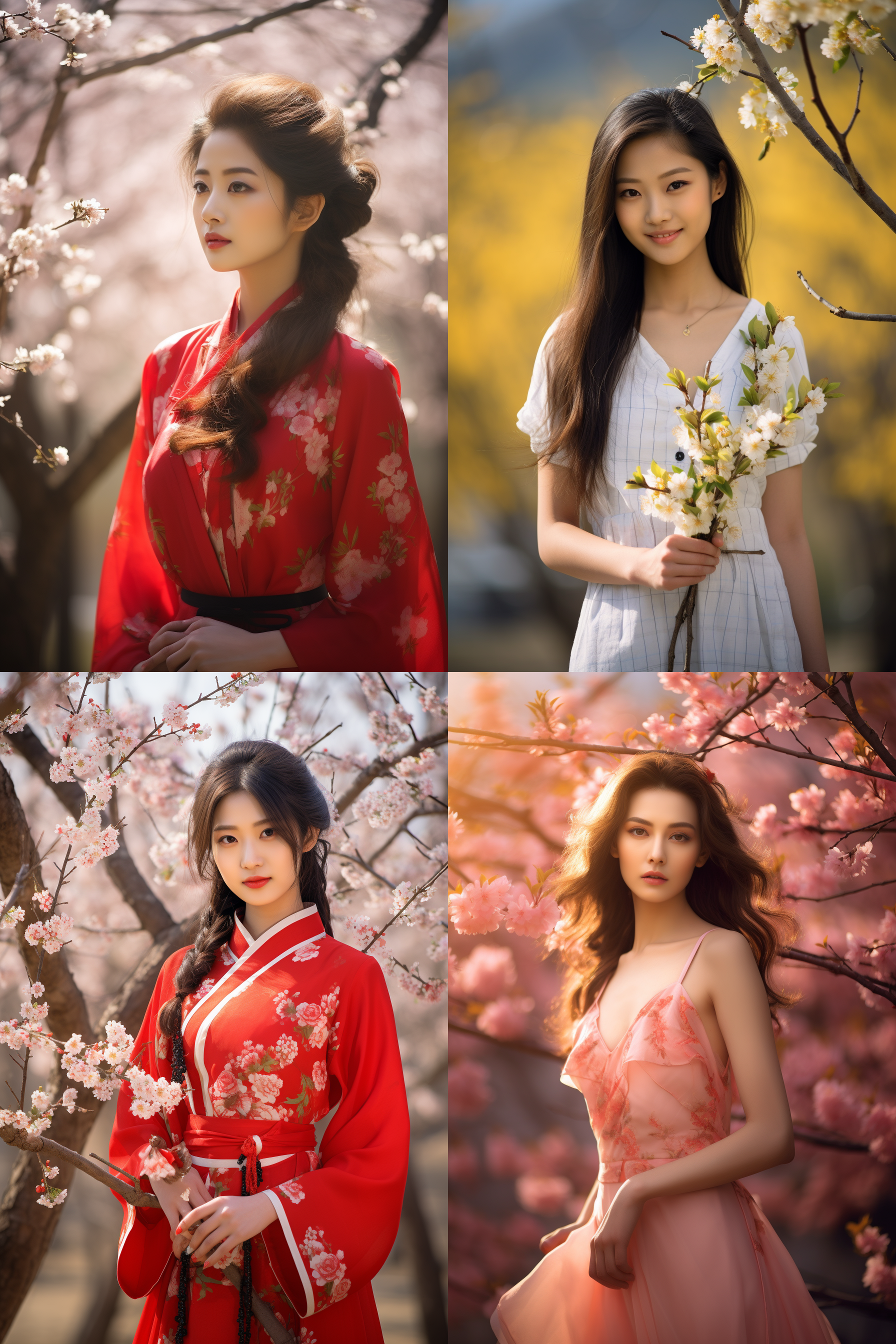 中国女孩，套裙服饰，春日摄影，明亮光线， 清新自然，户外风景，肖像模式，中焦镜头，自然姿态，