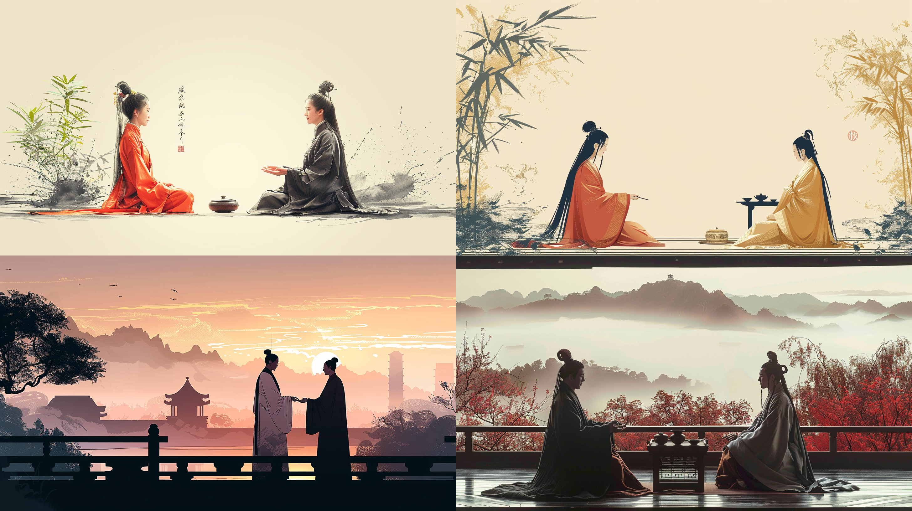 中医为女患者把脉治疗，神情专注，古代服饰，干净背景，全景，国风，扁平插画