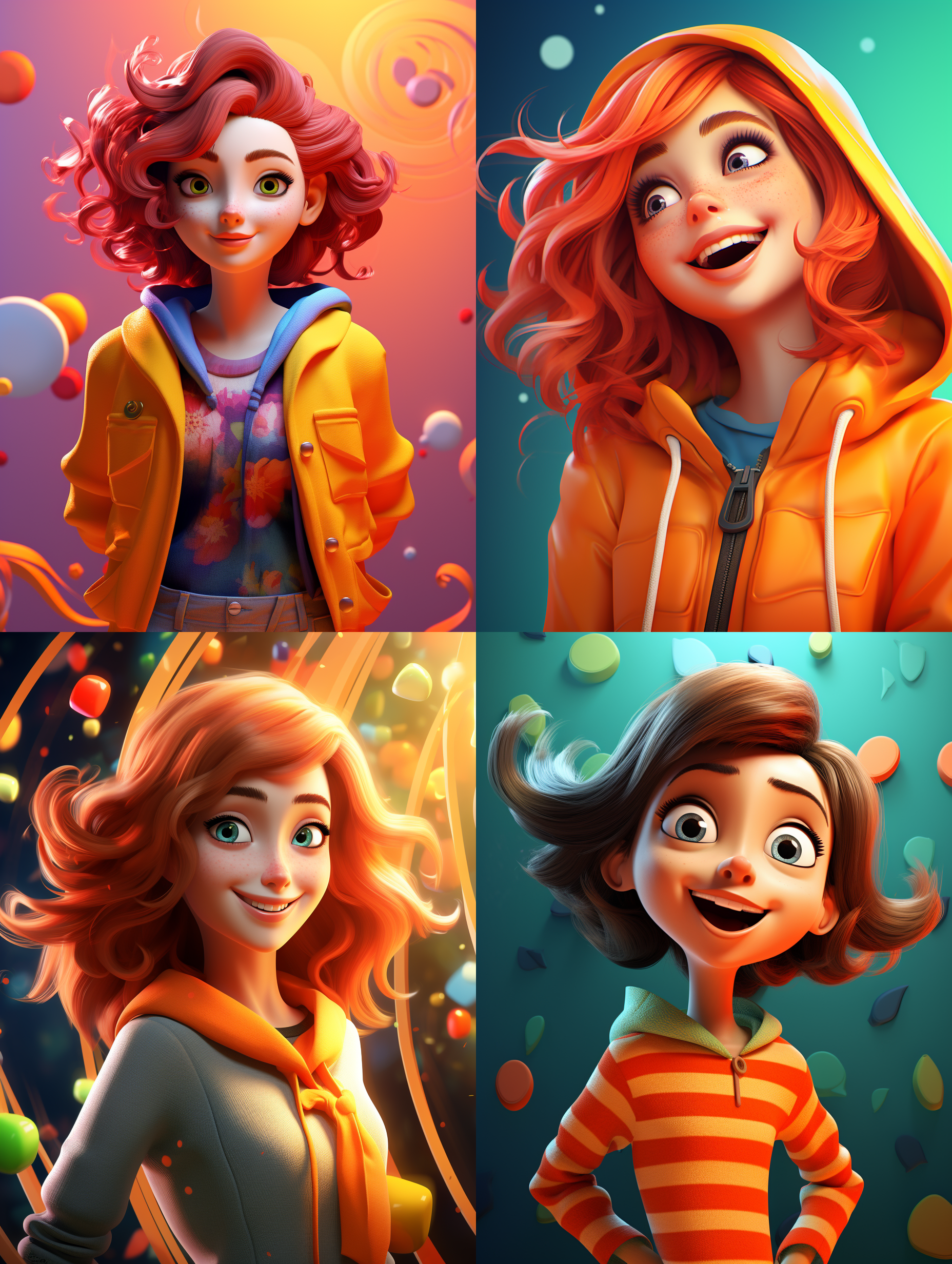 开朗活泼女人，3d卡通，背景纯色，明亮色彩，梦幻风格，大眼睛，笑容，夸张动作，温暖光线。