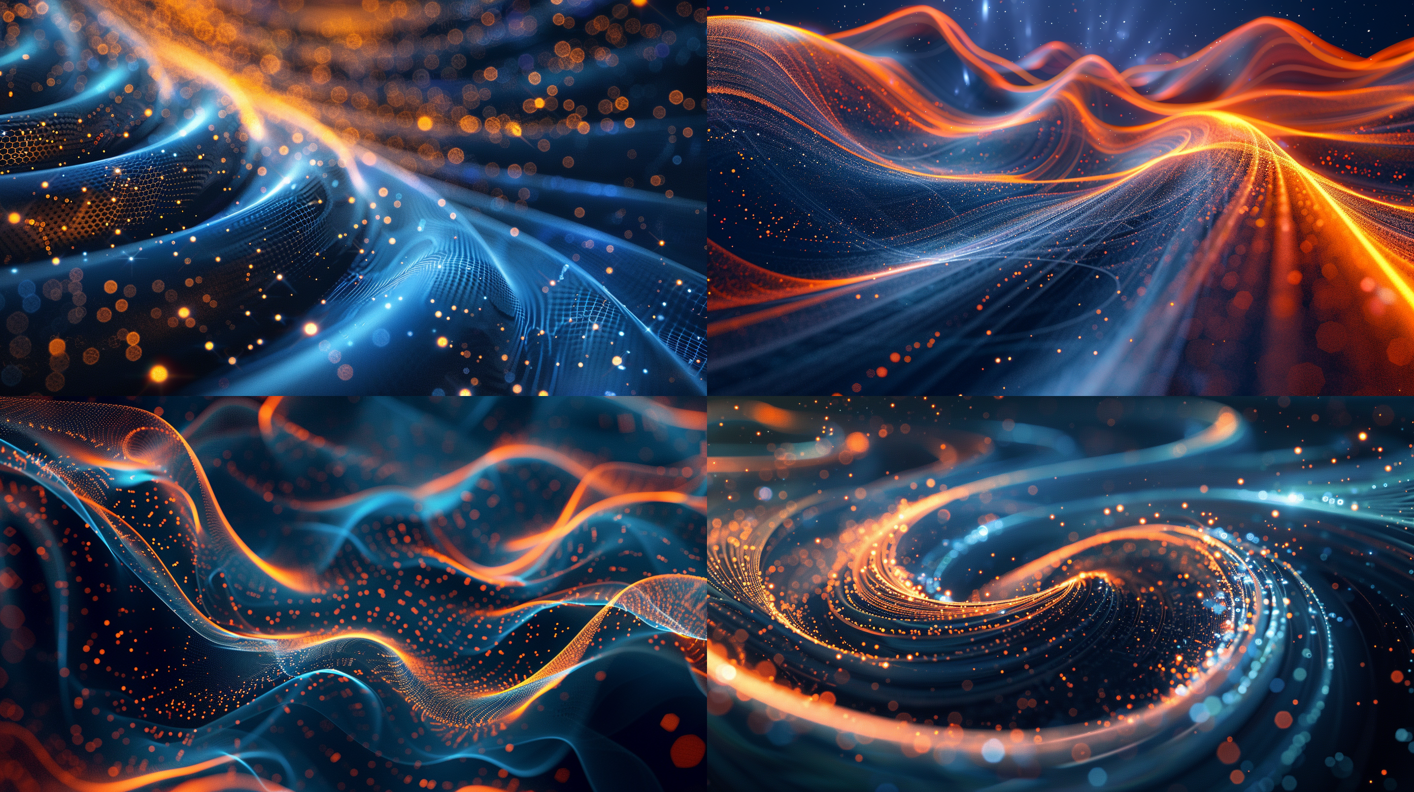 高科技背景与流动的线条和星星，深靛蓝和橙色，数据可视化，移轴镜头，螺旋和曲线，高清