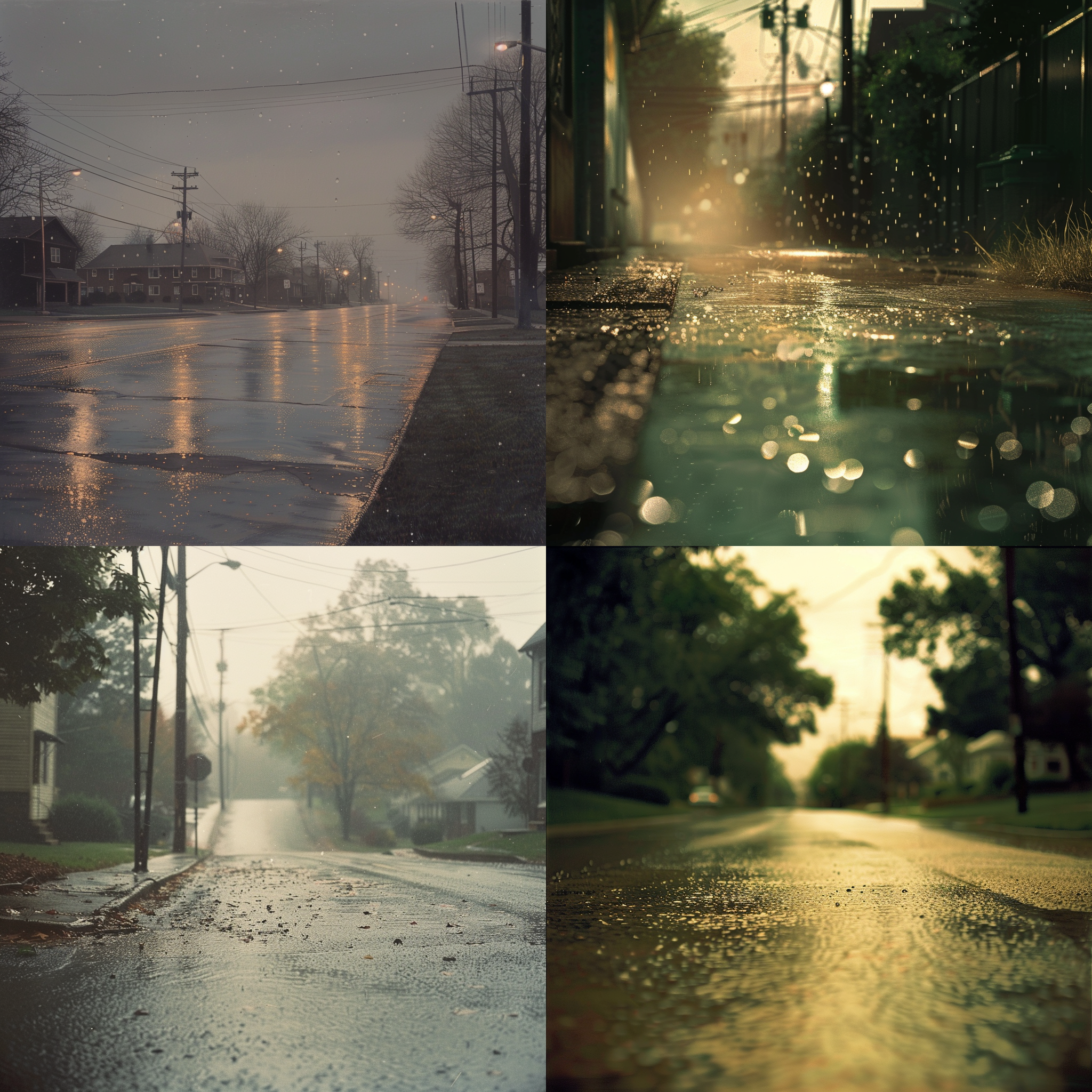 a street with light rain falling, soft and greasy like butter. the grass color appears distant and faint, but as one approaches, it becomes unclear and unable to be seen clearly