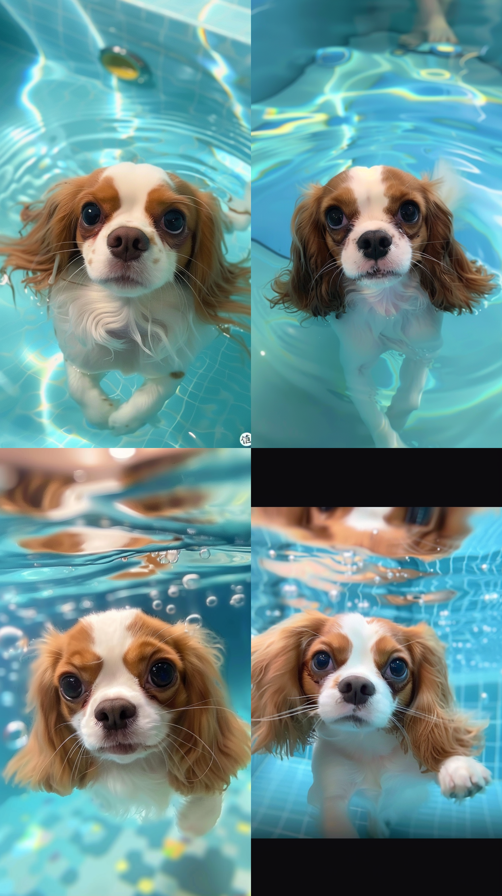 一只查理王小猎犬狗漂浮在蓝色的一团水里，猫脸部有对称的蓝色，中间是白色，背部是蓝色，肚皮和四肢是白色，背对着，清澈透明的水，淡白色和绿松石，浅海蓝宝石，千年虫的审美，柔软而梦幻，流行instagram，高水平的细节，逼真的照片感觉- 图片比例9:16
