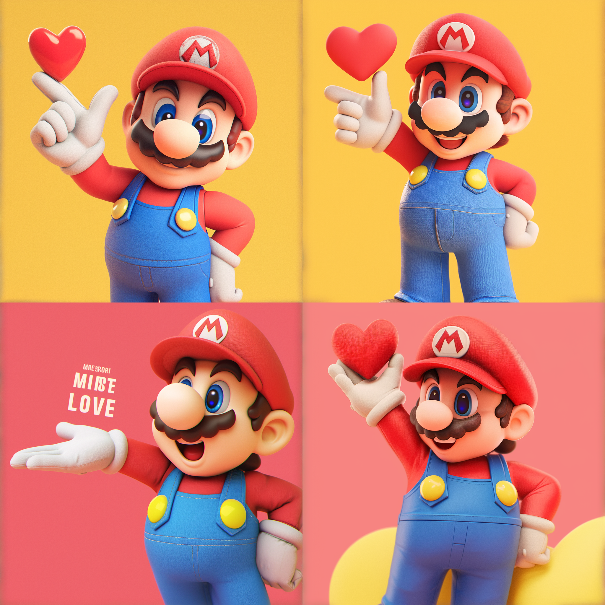 马里奥举"love"牌子，彩虹背景，半身特写，欢快表情，红色帽子和蓝色背心，明亮色调，长焦镜头，自然光，温馨，喜悦。