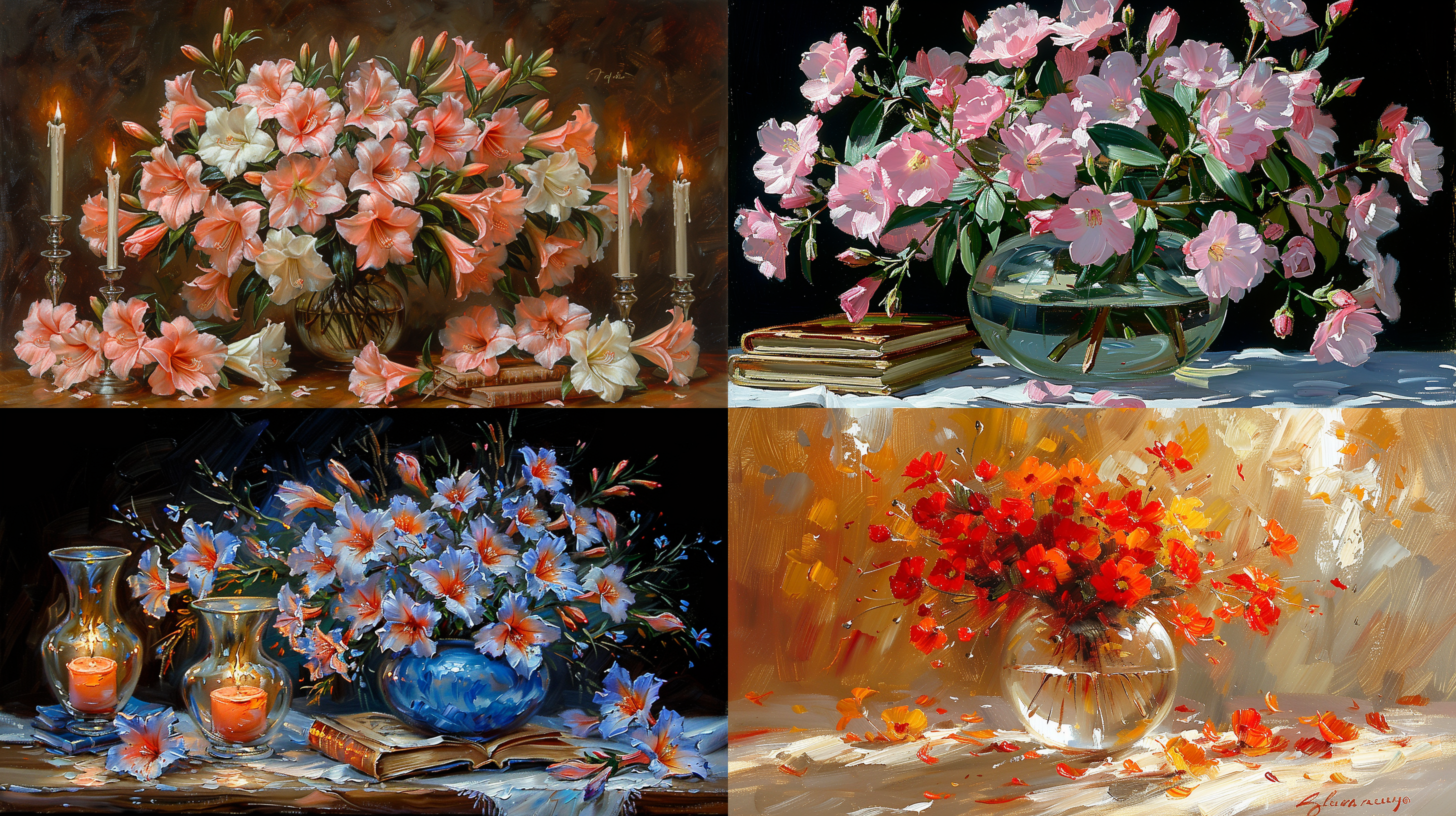 花瓶中的夹竹桃与书，油画棒 油画 暖光 梵高