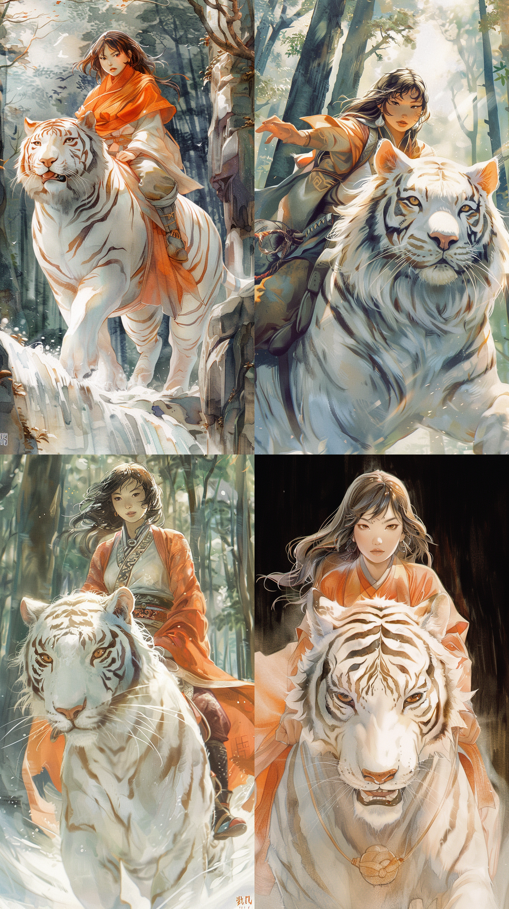 白老虎骑美女，森林穿行，侧光，中长焦镜头，自然环境，动作优雅，神秘色调，华丽服装，自信表情，壮丽。 日本版画