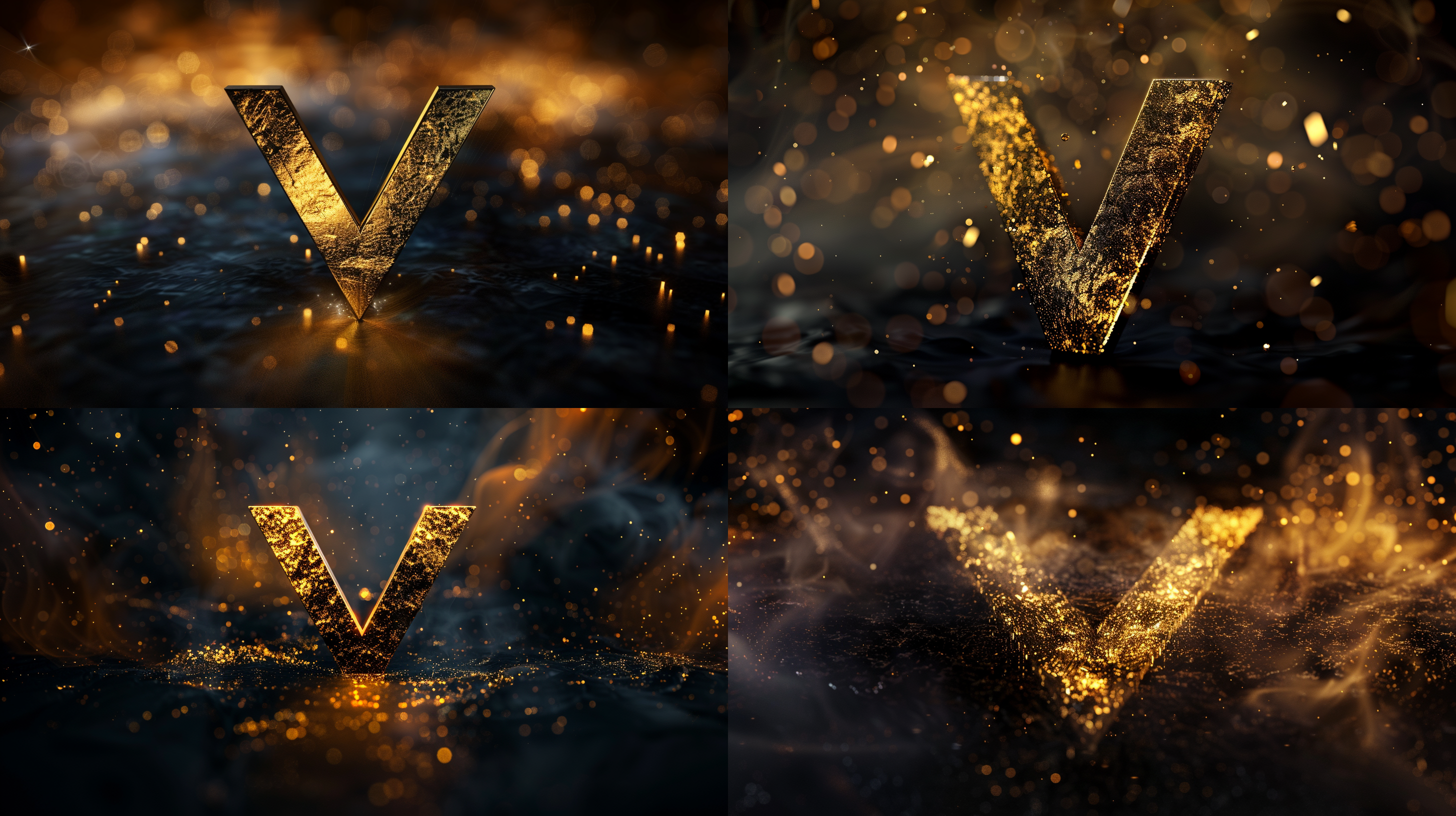 a golden “v” on a black background, in the style of dimitry roulland, rendered in cinema4d, mikko lagerstedt, festive atmosphere, layered imagery with subtle irony, paul henry, digitally enhanced