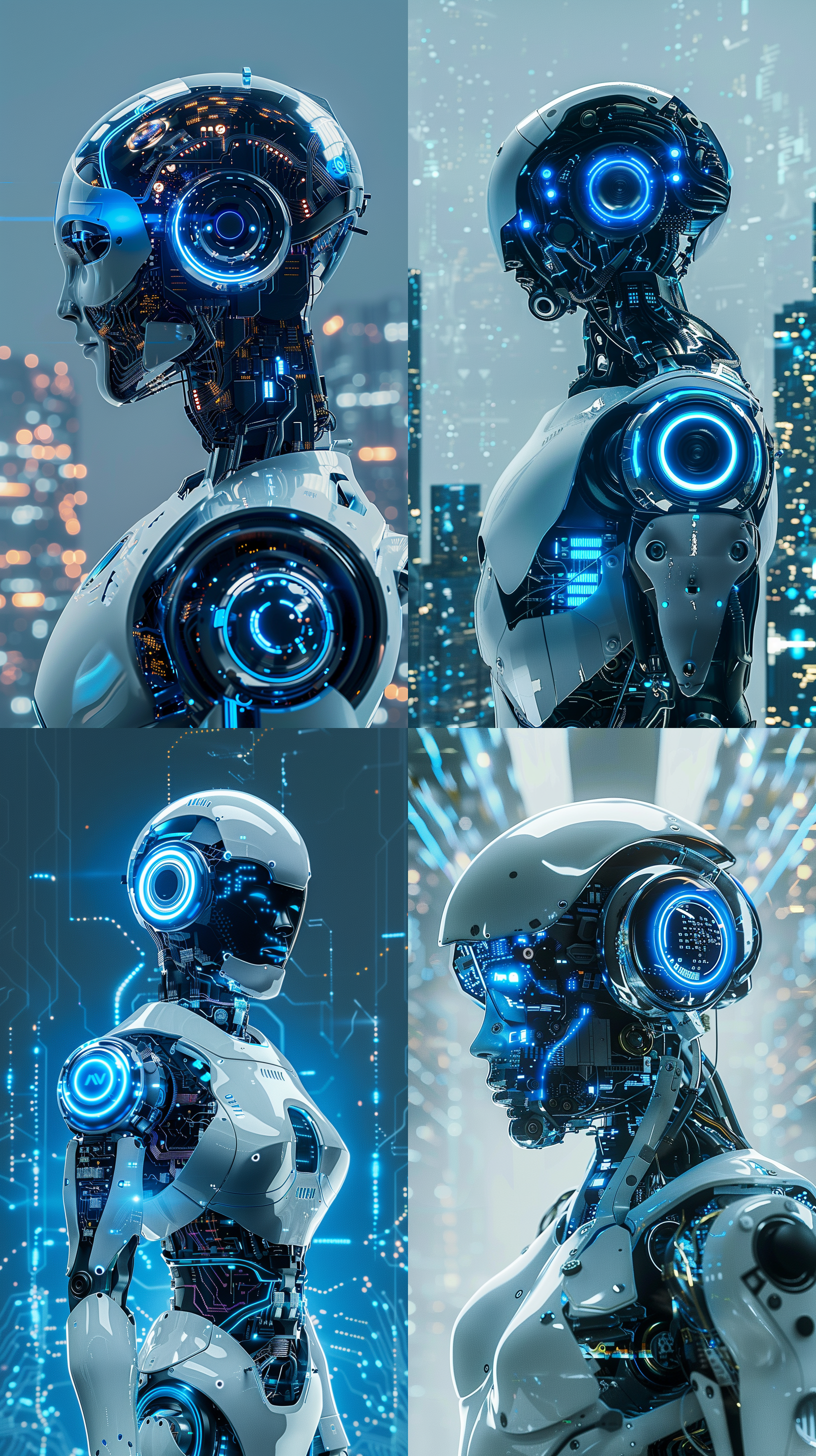 生成一组以ai科技为代表的形象广告，画面体现ai智能机器人站在画面中心，加上智能芯片电路，大数据运算，ai科技与城市科技元素，使用科技蓝为主色调，体现强烈的科技感和未来感，顶级的画质，现代风的广告设计，体现科技美学，艺术美学，唯美，色彩饱和层次丰富，画面细节丰富，简约的背景。 全身