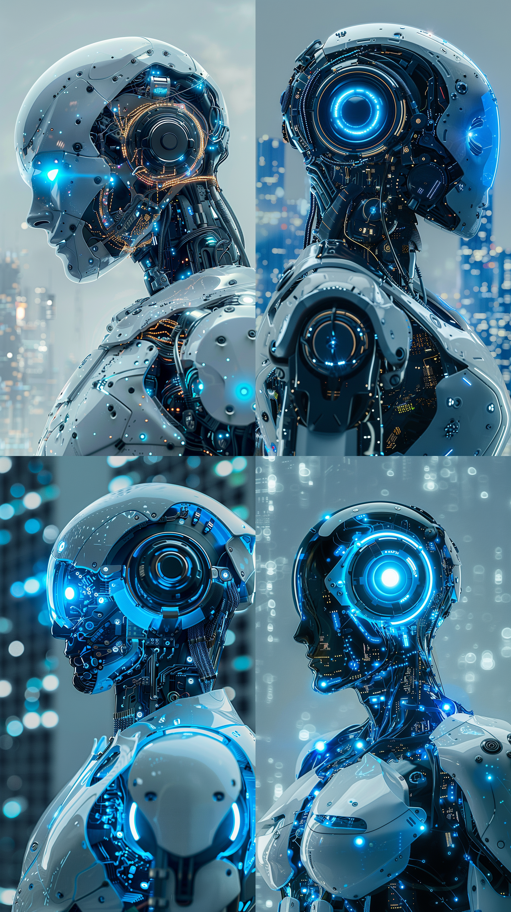 生成一组以ai科技为代表的形象广告，画面体现ai智能机器人站在画面中心，加上智能芯片电路，大数据运算，ai科技与城市科技元素，使用科技蓝为主色调，体现强烈的科技感和未来感，顶级的画质，现代风的广告设计，体现科技美学，艺术美学，唯美，色彩饱和层次丰富，画面细节丰富，简约的背景。 全身