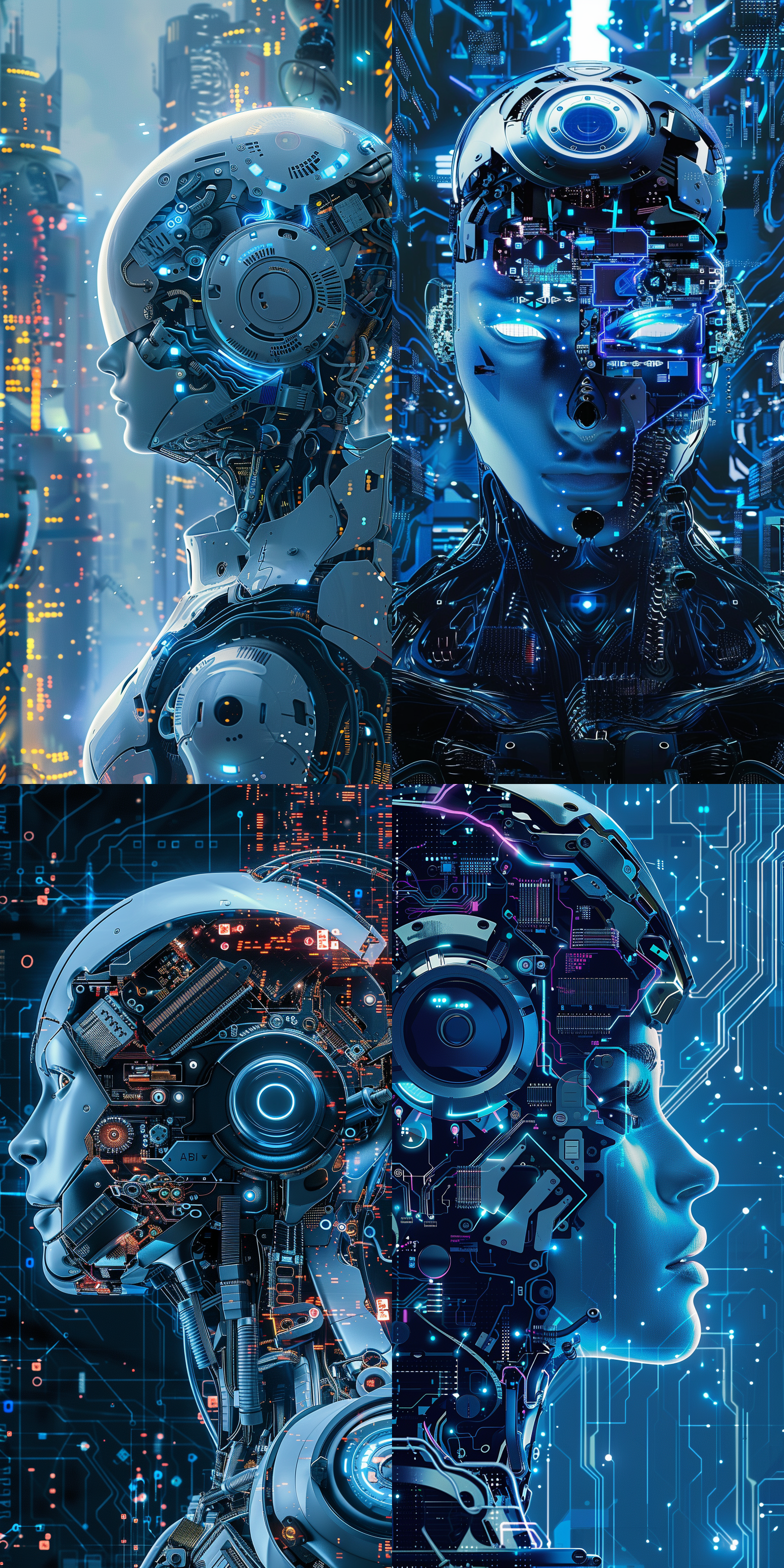 create a series of image advertisements centered around ai technology, showcasing ai intelligent robots, smart chip circuits, big data operations, ai technology integrated with urban technological elements. the main color tone should be tech blue, exuding a strong sense of technology and futurism. with top-notch graphics quality, the design should embody a modern style, reflecting the aesthetics of technology and art. elegant, saturated colors with rich layers, and intricate details throughout the entire image. https://cdn.discordapp.com/attachments/1219625185855012938/1219826298088718356/1491375594460479488.jpg?ex=660cb6c4&is=65fa41c4&hm=0210aeac212d9e8ab34910f8911b7d6e2482dc37c975dcf61a91d18773fc8961&