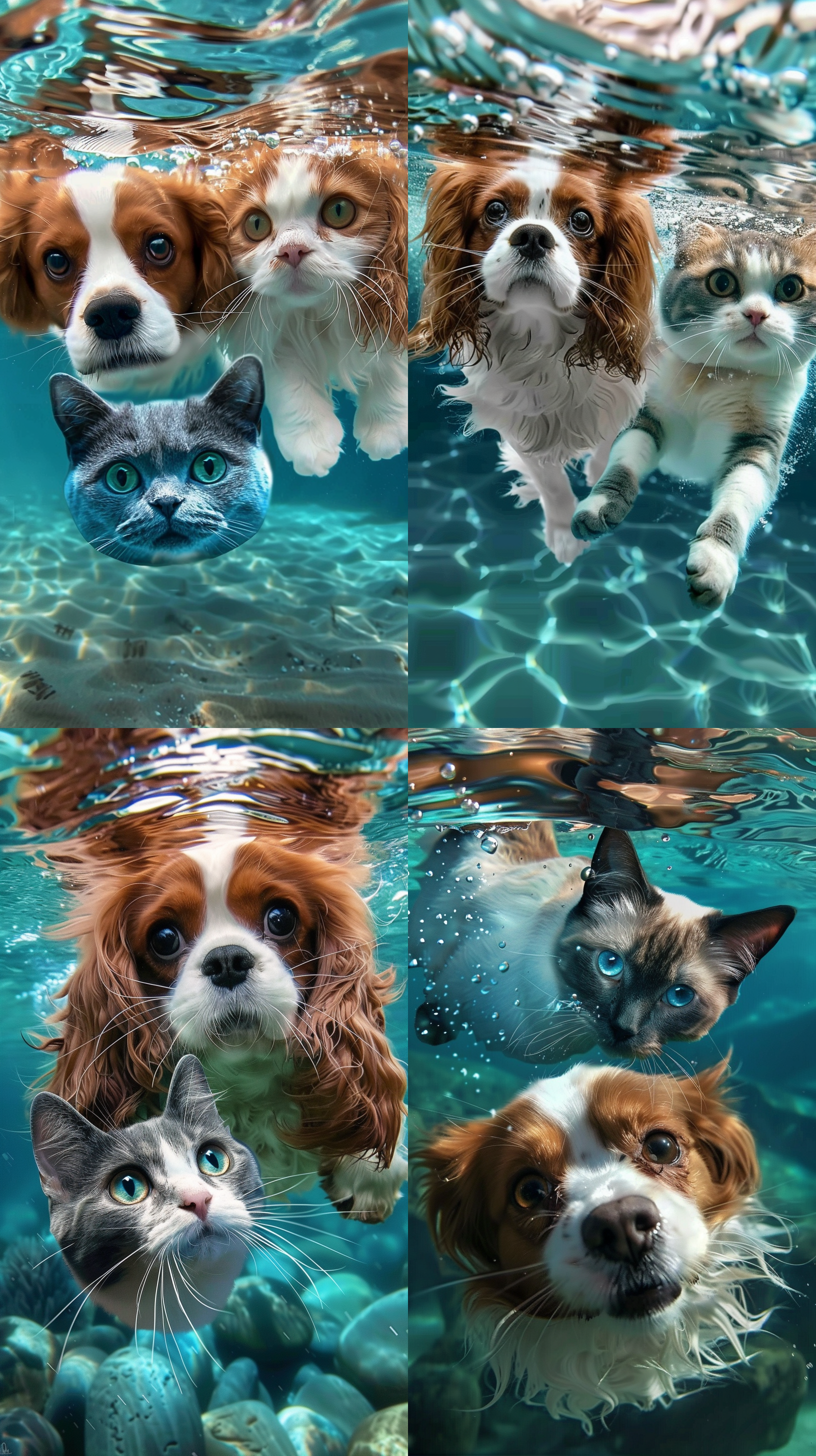 一只查理王小猎犬狗和一只加白的蓝猫英短漂浮在蓝色的一团水里，猫脸部有对称的蓝色，中间是白色，背部是蓝色，肚皮和四肢是白色，背对着，清澈透明的水，淡白色和绿松石，浅海蓝宝石，千年虫的审美，柔软而梦幻，流行instagram，高水平的细节，逼真的照片感觉- 图片比例9:16