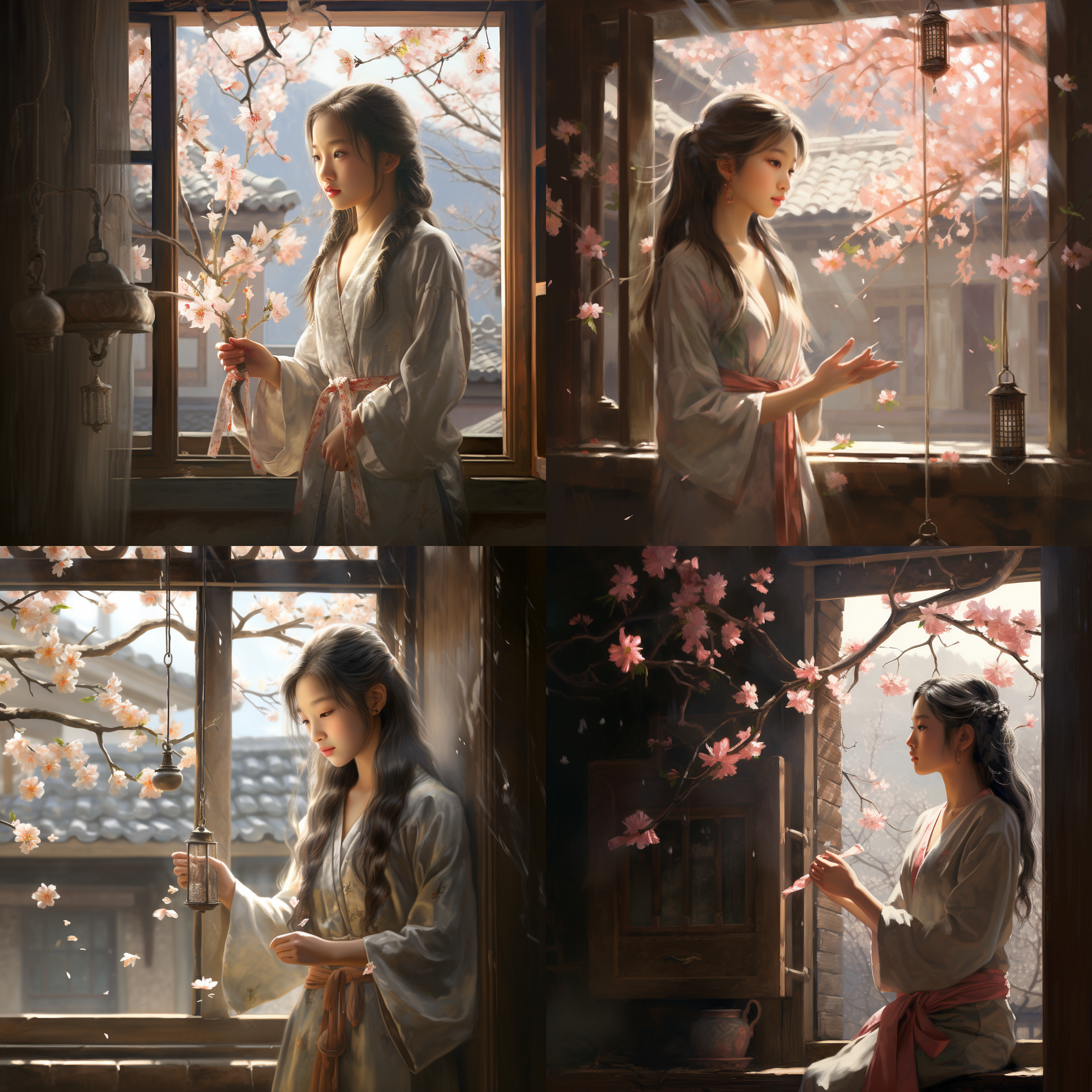 in an ancient chinese courtyard, the peach blossoms are in full bloom. a young girl stands by the window, gazing at the flowers while a breeze causes a wind chime to tinkle gently. the lighting is soft, casting a warm ambiance over the scene, and the girl's expression is serene, reflecting the peacefulness of the moment.