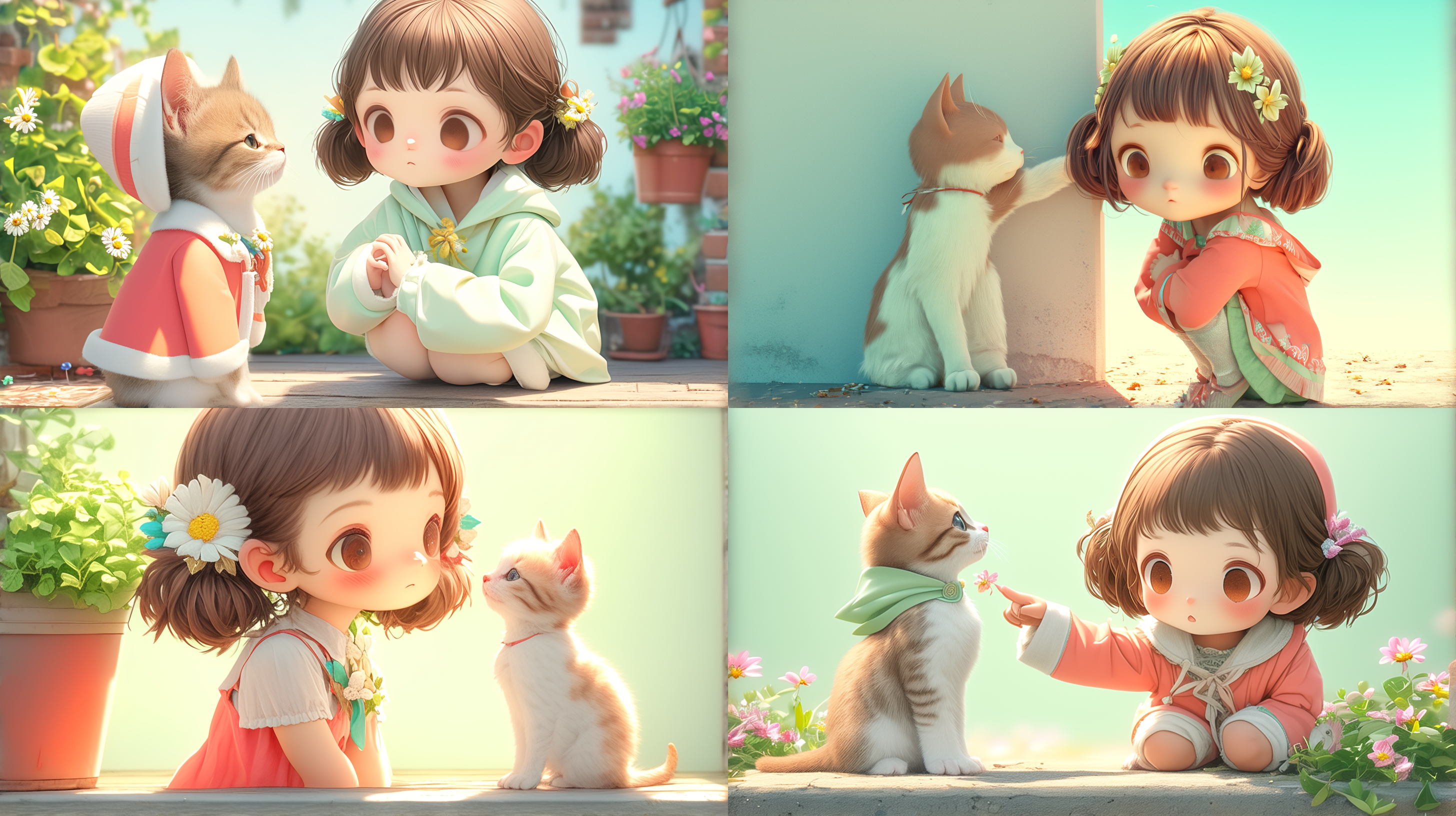 小猫咪趴在右边角落，小女孩蹲在左边角落，猫咪和小女孩互相对视，纯色背景，细节突出，静态，柔和光线，可爱，温暖，放松，清新。