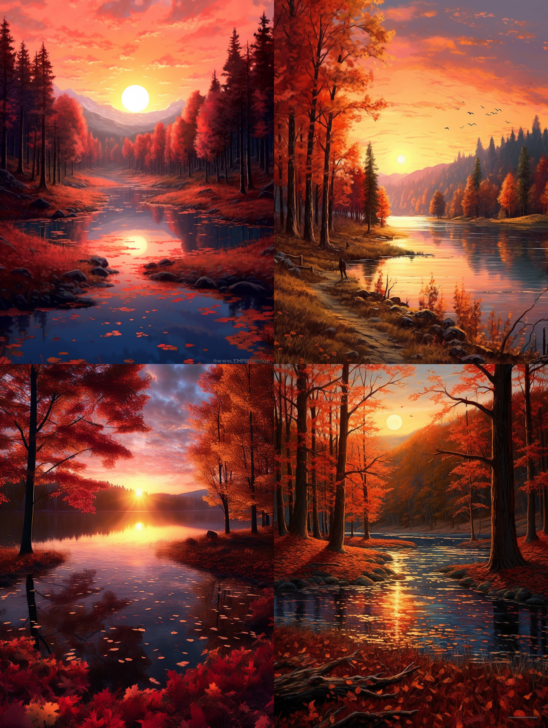 枫林晚景，夕阳西下，金黄色调，远处山脉，湖泊倒影，落叶漫天，温暖氛围，广角镜头，红色叶子，静谧。