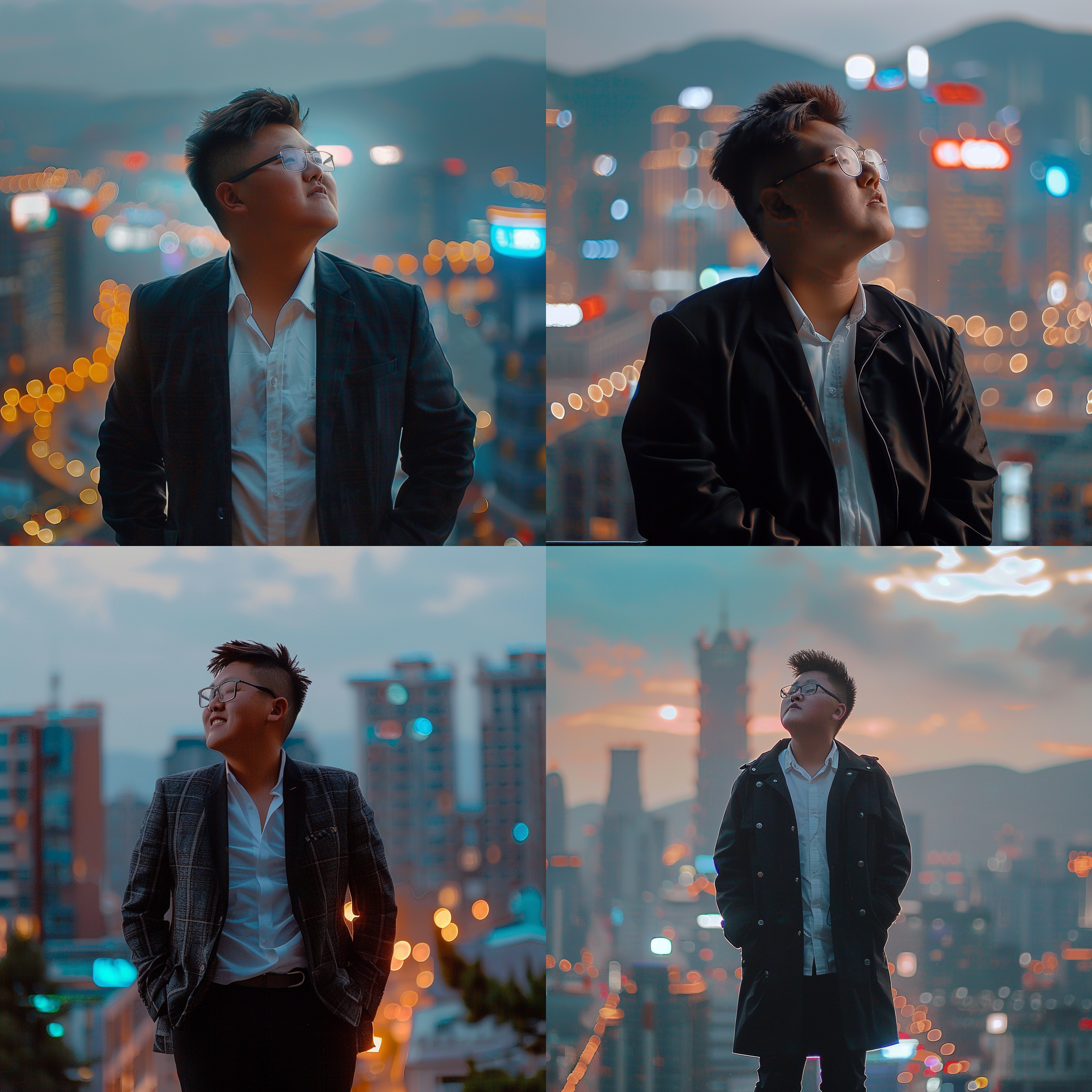帅气男子站在高楼顶，背景是城市夜景。他穿着西装，面带微笑，展现自信和魅力。构图对称，明亮的灯光从侧面照射，形成阴影和高对比度。使用长焦镜头捕捉细节，突出男子的英俊面容。彩色调为鲜明的蓝色和黑色，传达出强烈的力量与魅力。