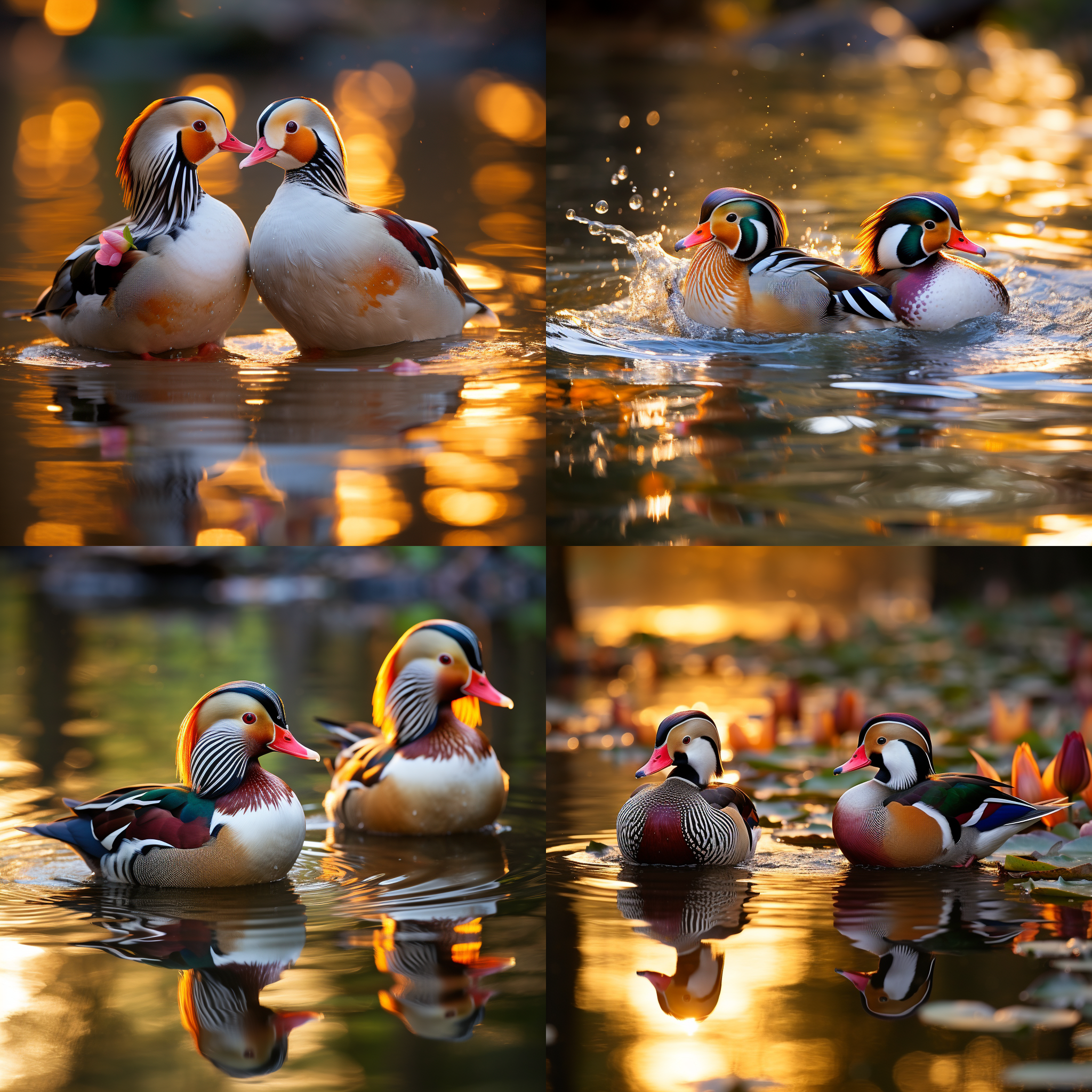 鸳鸯戏水，湖边，黄昏时分，夕阳余晖，水波荡漾，对角线布局，长焦镜头，柔光，优雅动作，恬静，温柔，和谐。