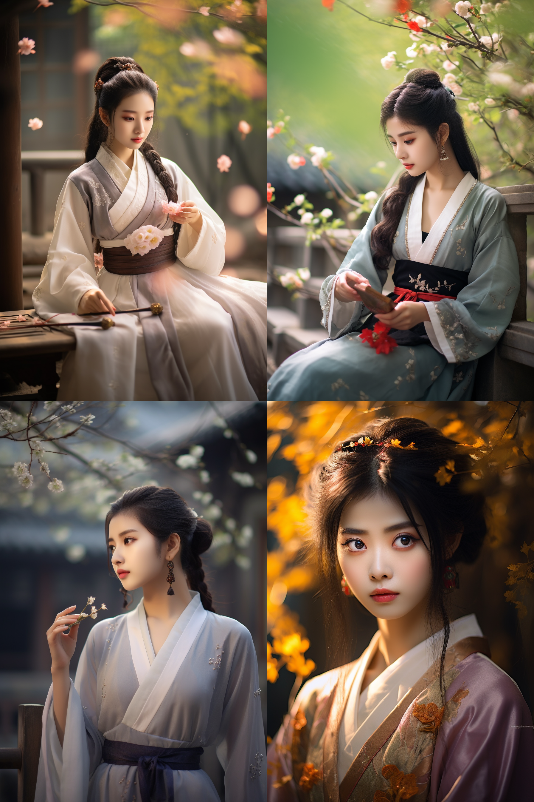 汉服女孩，古风园林，优雅仪态，花瓣飘落，柔和侧光，长焦镜头，静态姿势，精致细节，传统色彩，宁静祥和。