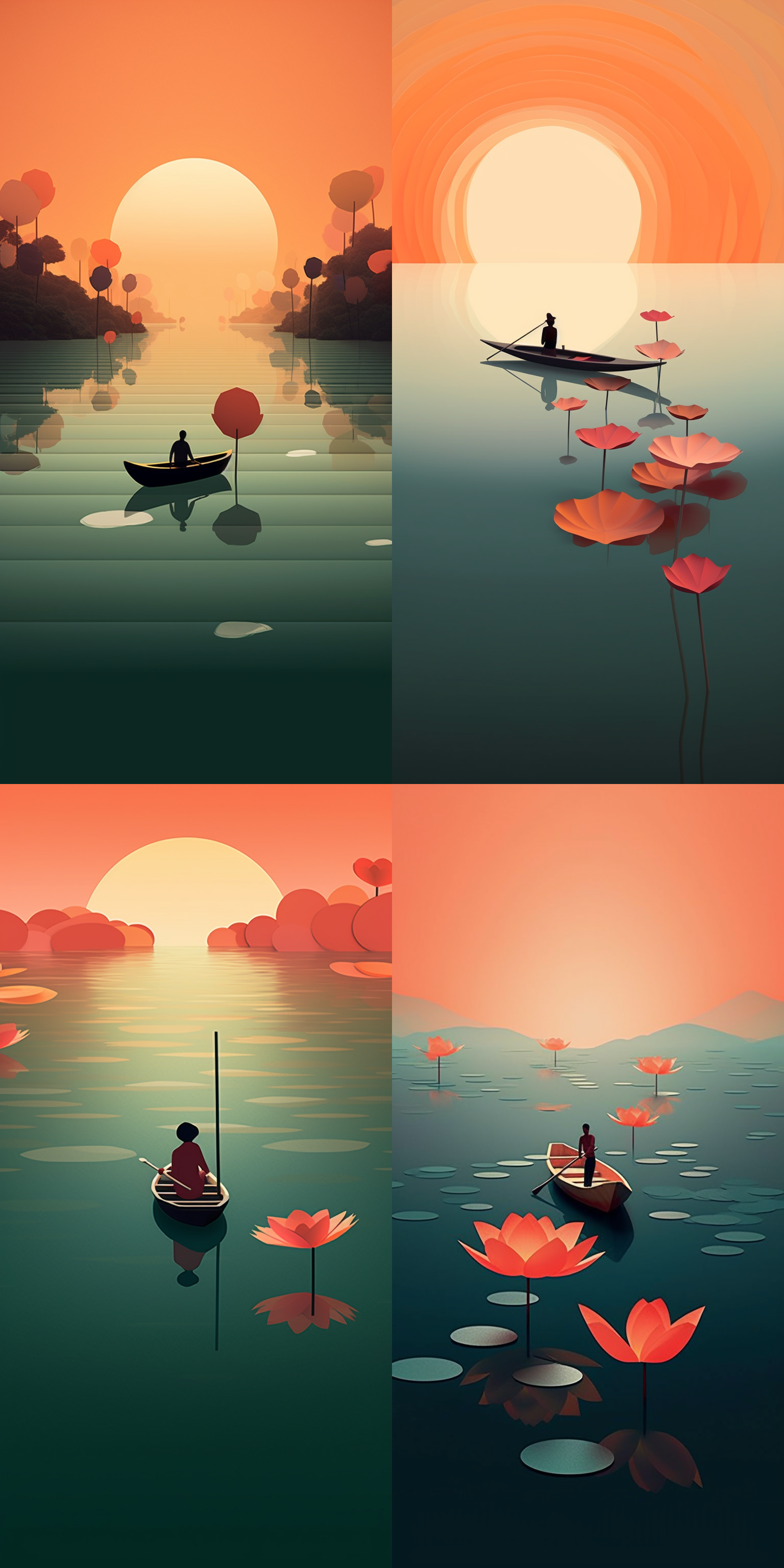 eiko ojala 海报风格，水面，荷叶，小舟，划船者，夕阳下，剪纸效果，渐变色彩，透视构图，侧光，静态，宁静。