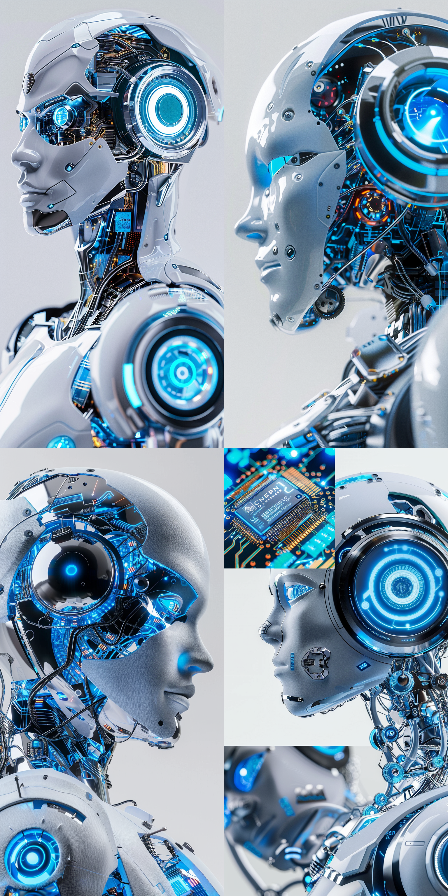 生成一组以ai科技为代表的形象广告，画面体现ai智能机器人，智能芯片电路，大数据运算，ai科技与城市科技元素，使用科技蓝为主色调，体现强烈的科技感和未来感，顶级的画质，现代风的广告设计，体现科技美学，艺术美学，唯美，色彩饱和层次丰富，画面细节丰富 全身