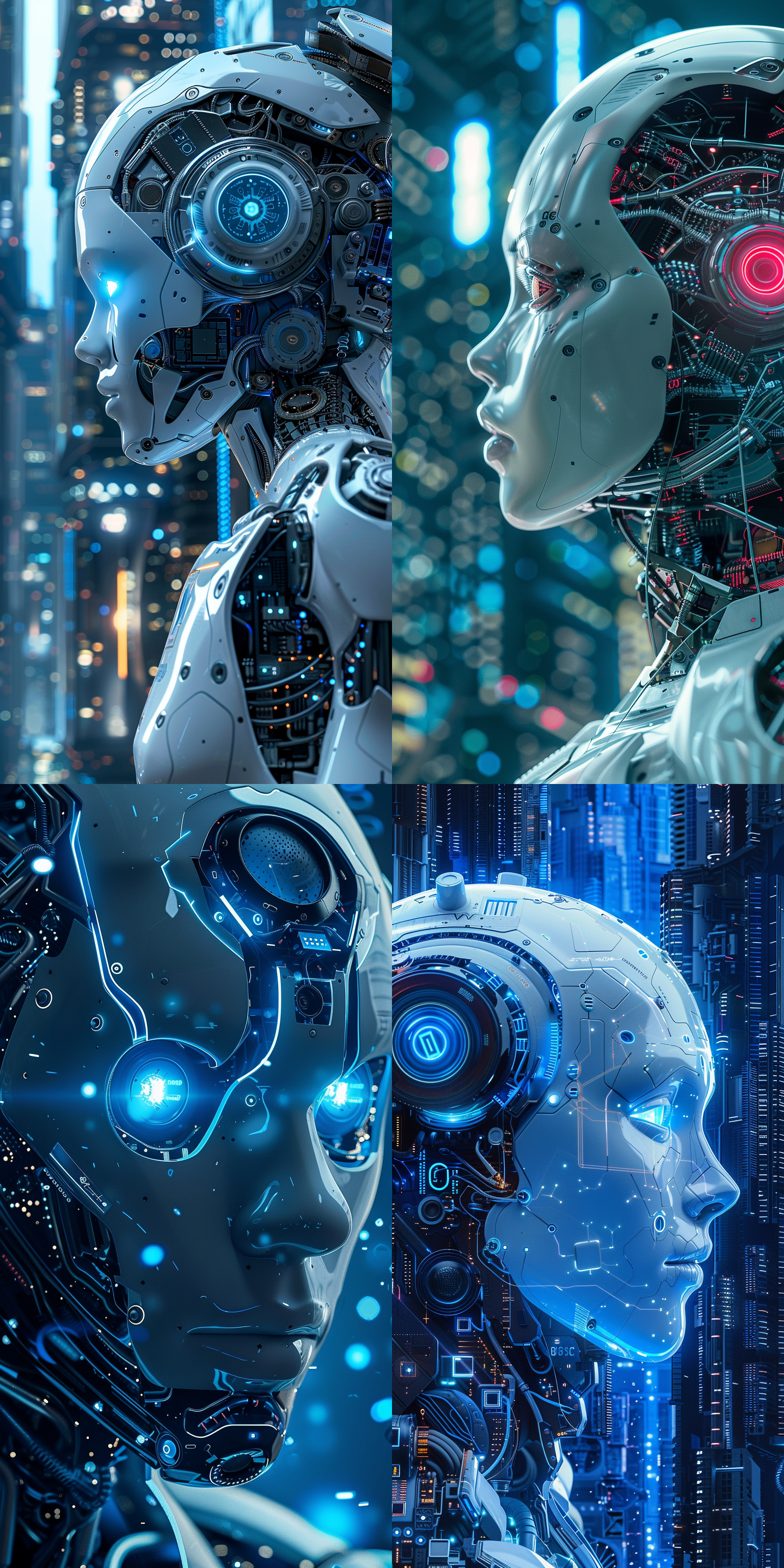 生成一组以ai科技为代表的形象广告，画面体现ai智能机器人，智能芯片电路，大数据运算，ai科技与城市科技元素，使用科技蓝为主色调，体现强烈的科技感和未来感，顶级的画质，现代风的广告设计，体现科技美学，艺术美学，唯美，色彩饱和层次丰富，画面细节丰富 全身