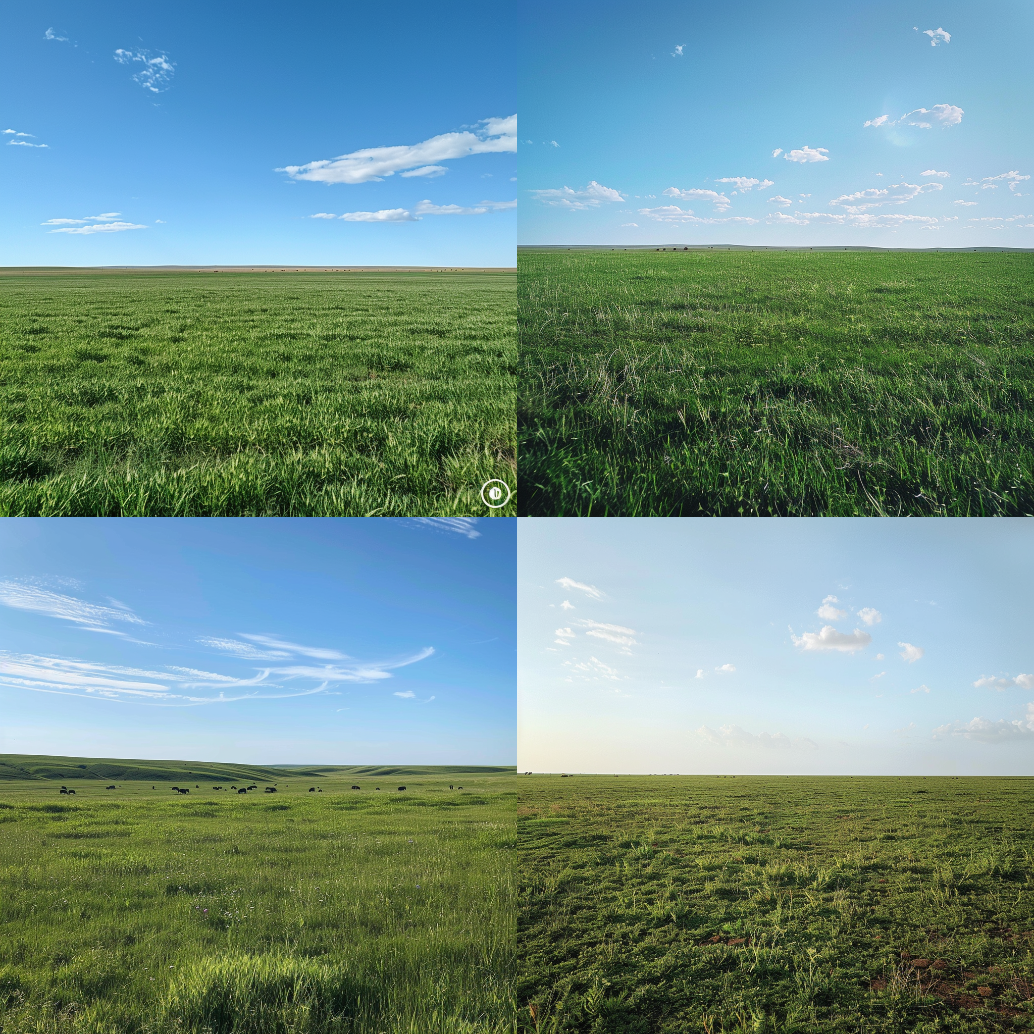 a vast grassland where small grass shoots are just beginning to emerge from the ground, creating a sea of green. the sky is endless and clear, with a few clouds drifting by. in the distance, you can see some livestock grazing peacefully