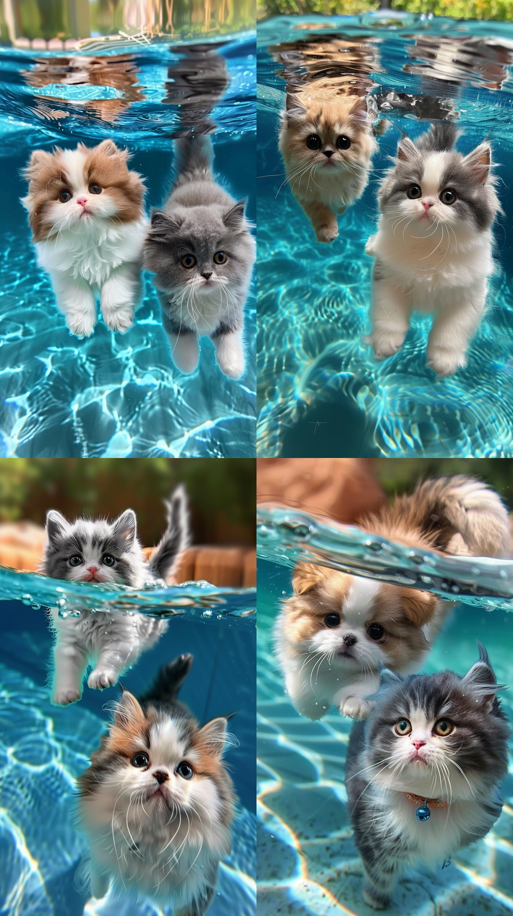 一只查理王小猎犬狗和一只英国短毛蓝白猫漂浮在蓝色的一团水里，背对着，清澈透明的水，淡白色和绿松石，浅海蓝宝石，千年虫的审美，柔软而梦幻，流行instagram，高水平的细节，逼真的照片感觉- 图片比例9:16